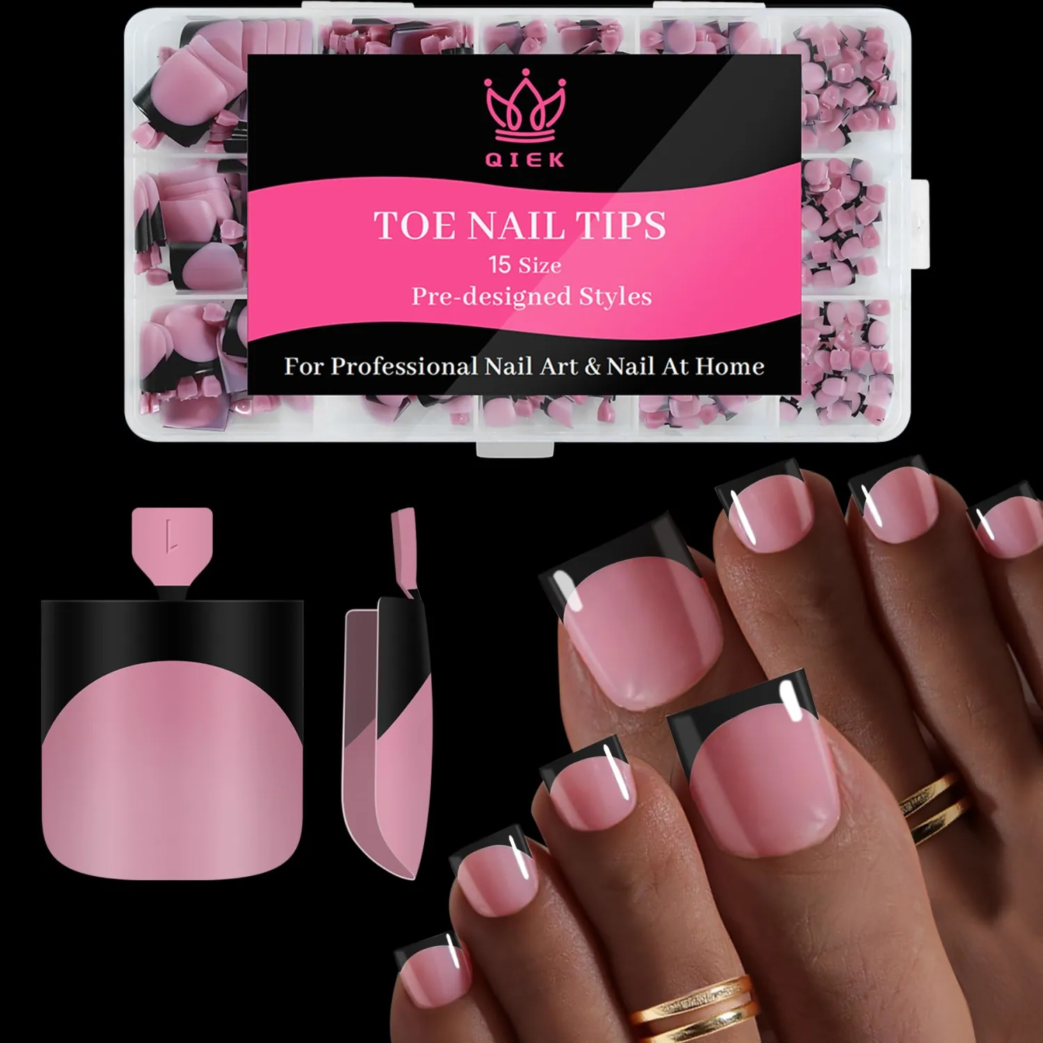 Toe Nails Press On French Tips for Women, 15 Sizes 150 Pcs Sharp Square Pre-applied Primer & Base Coat Toenail Press Ons Deep Pink+Black Full Cover Fake Tips Extension