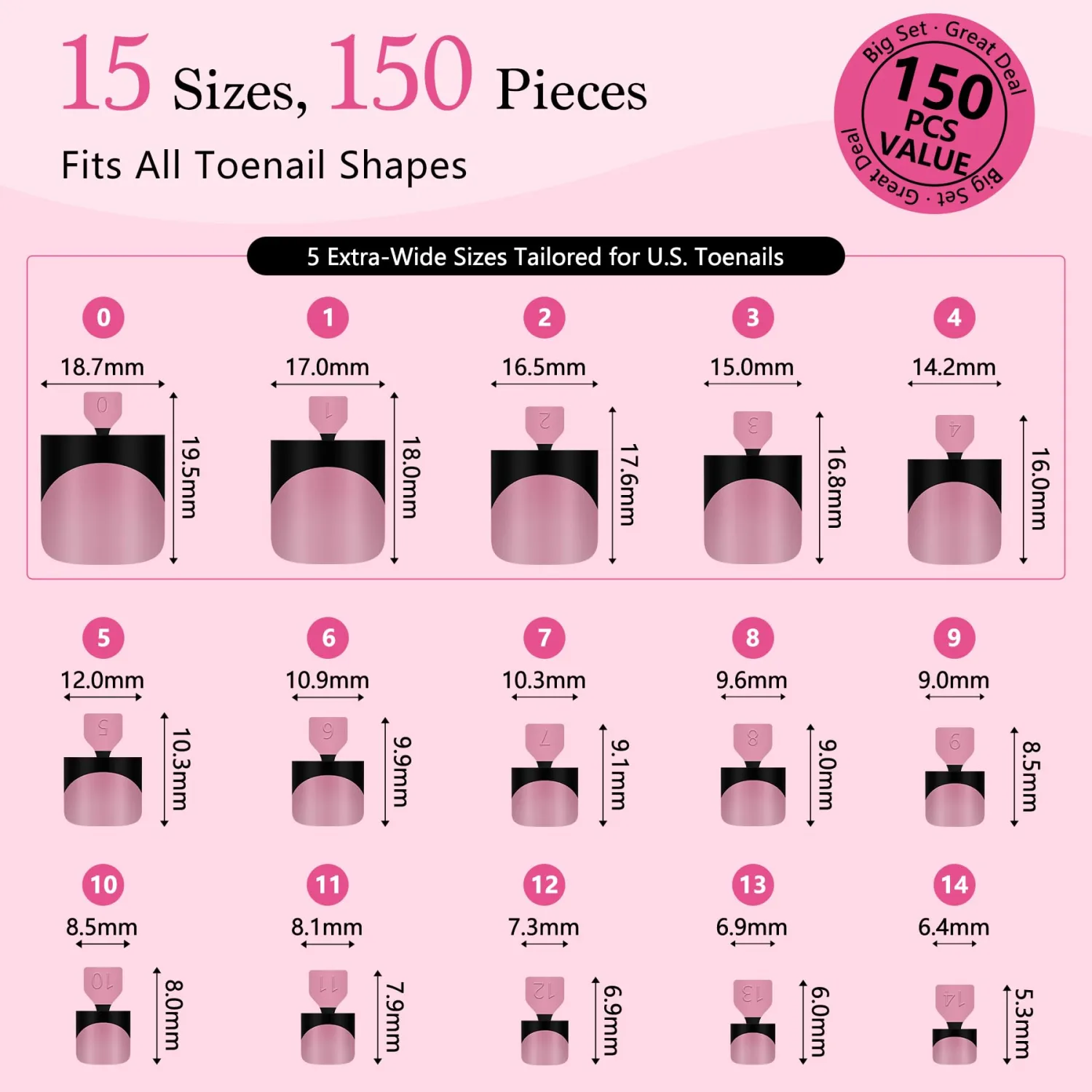 Toe Nails Press On French Tips for Women, 15 Sizes 150 Pcs Sharp Square Pre-applied Primer & Base Coat Toenail Press Ons Deep Pink+Black Full Cover Fake Tips Extension