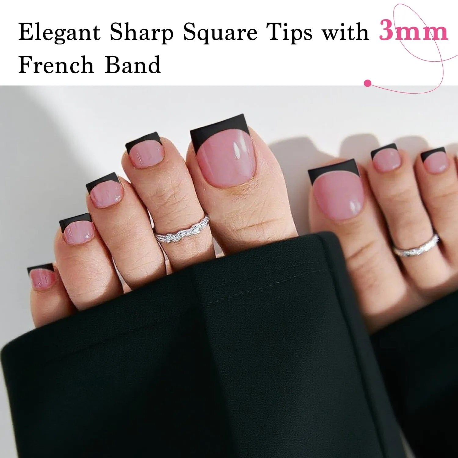 Toe Nails Press On French Tips for Women, 15 Sizes 150 Pcs Sharp Square Pre-applied Primer & Base Coat Toenail Press Ons Deep Pink+Black Full Cover Fake Tips Extension