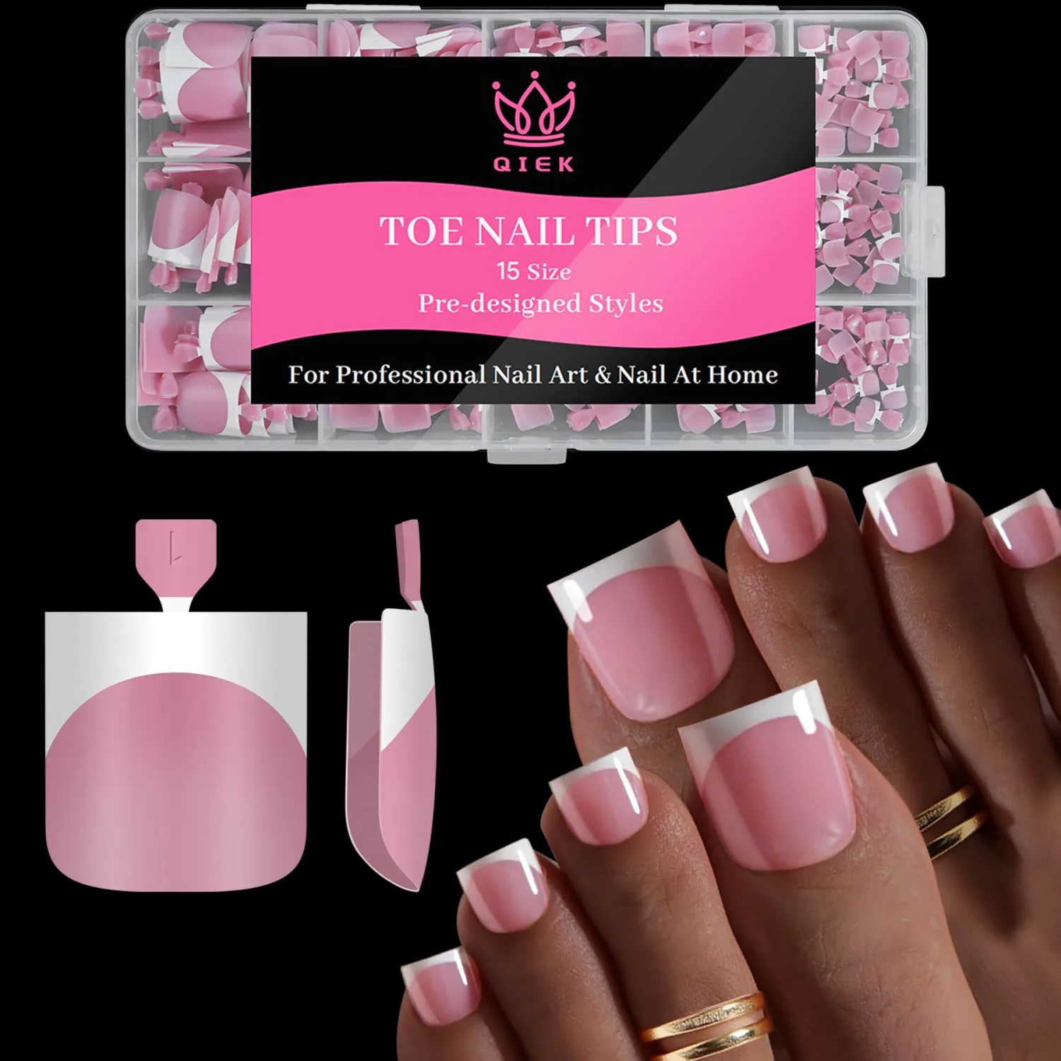 Toe Nails Press On French Tips for Women, 15 Sizes 150 Pcs Sharp Square Pre-applied Primer & Base Coat Toenail Press Ons Deep Pink+White Full Cover Fake Tips Extension