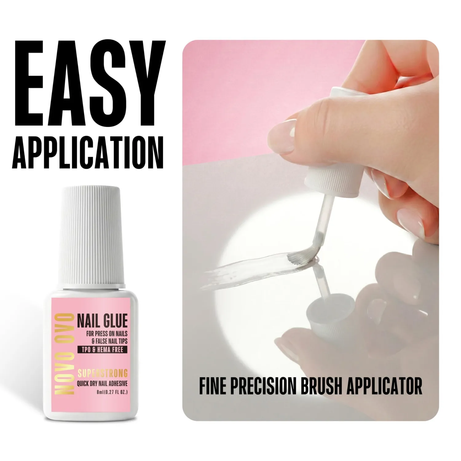 NOVO OVO Super Strong Nail Glue for Press On Nails & False Nail Tips (8ml 0.27 fl oz) - TPO & Hema Free Brush On Adhesive, Quick Dry & Long Lasting Bond for Acrylics, Broken Nails & Salon Effect