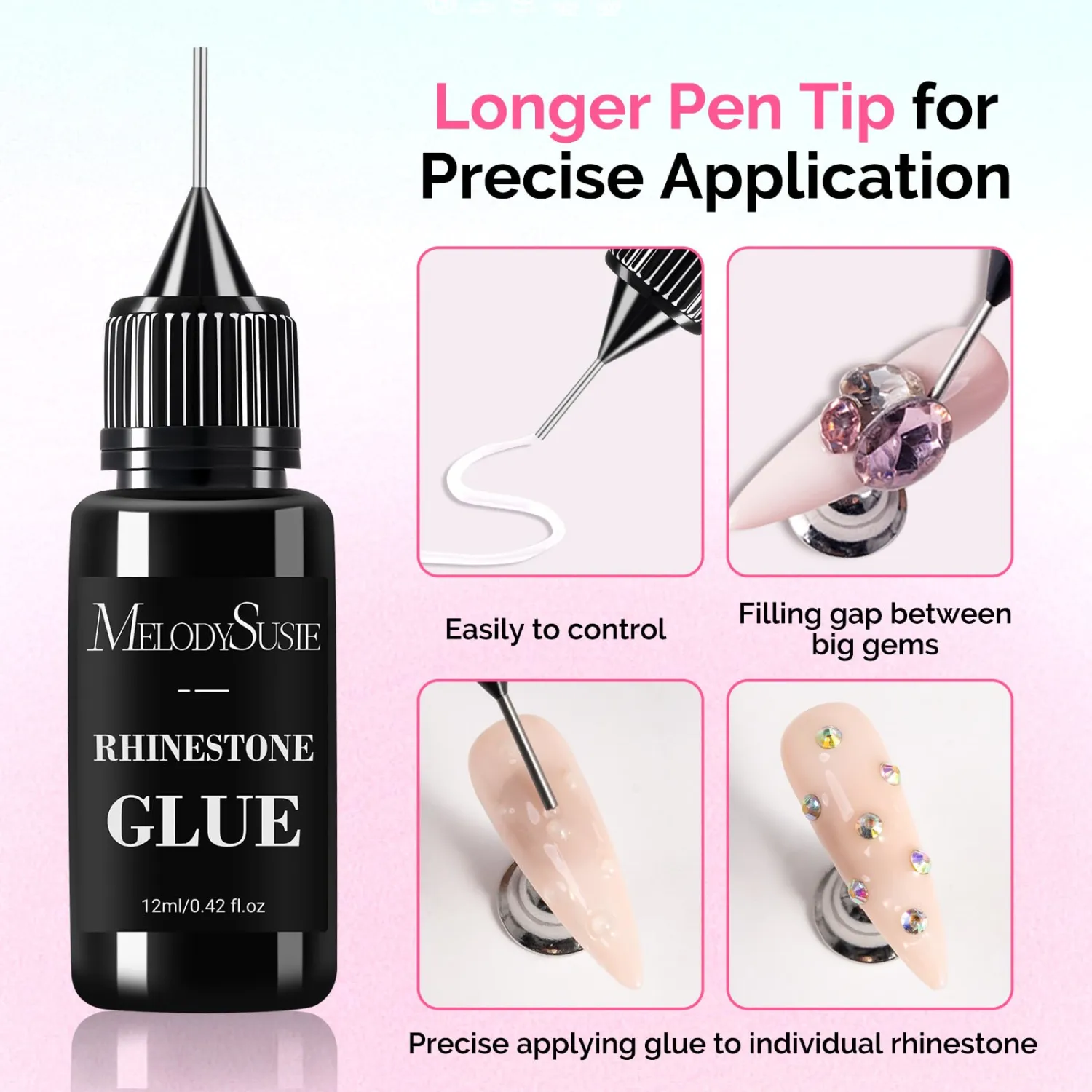 MelodySusie 2Pcs Nail Rhinestone Glue, 3D Gel Nail Art Design Strong Adhesive Nail Gem Glue for Nail Charms Gems Jewelry Decoration DIY Manicured at Home Cured Need Beauty Gifts for Women