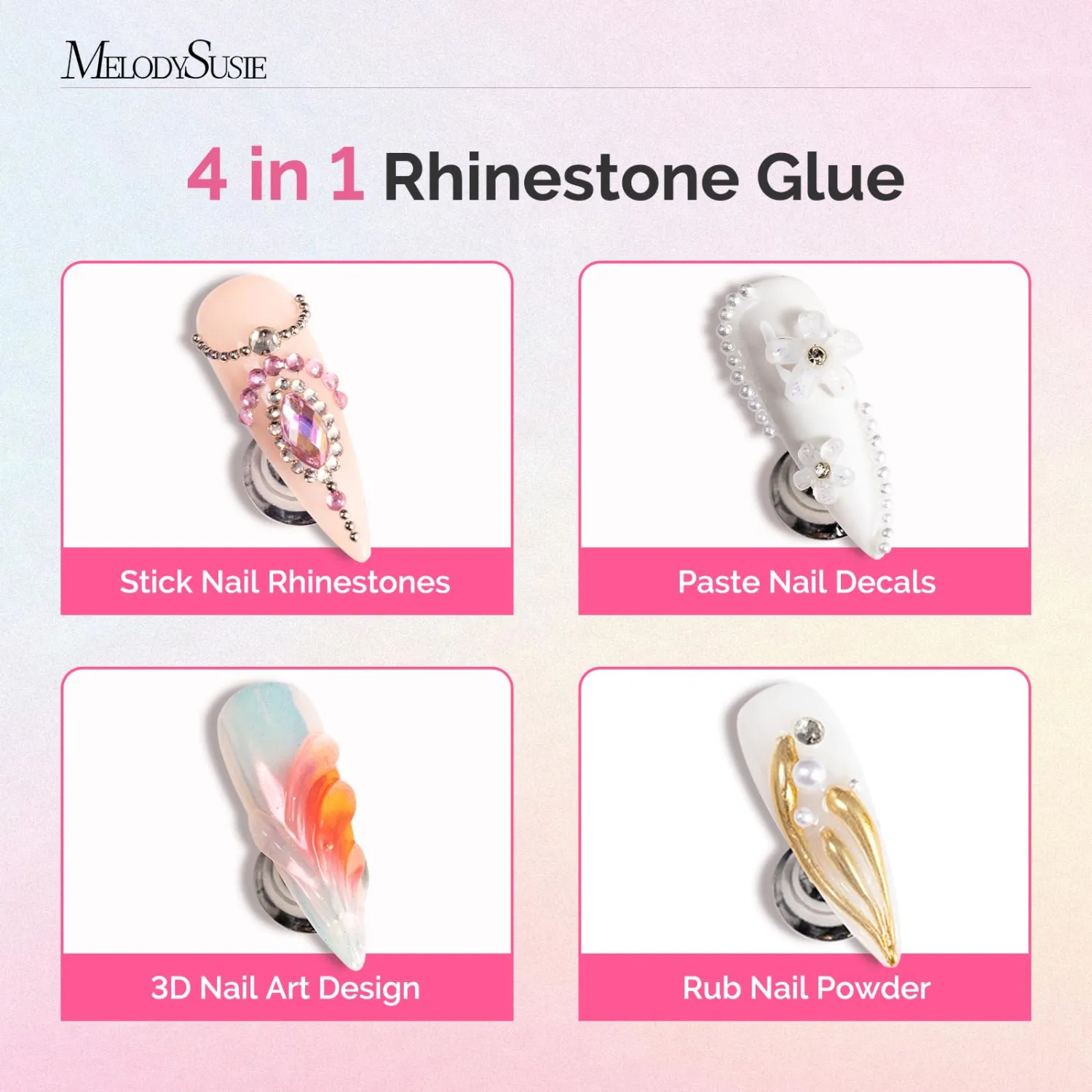 MelodySusie Nail Rhinestone Glue, 3D Gel Nail Art Design Strong Adhesive Nail Gem Glue for Nail Charms Gems Jewelry Decoration DIY Manicured at Home Cured Need Beauty Gifts for Women 30ml