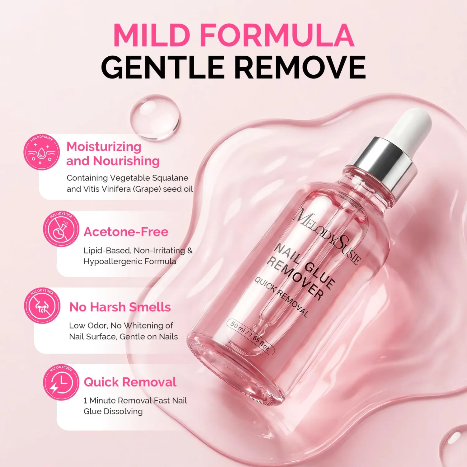 MelodySusie 50ML Nail Glue Remover for Press on Nails, Acetone Free Nail Polish Remover Multi-Functional Remover for Acrylic Tips Gentle Glue Remover with Stick