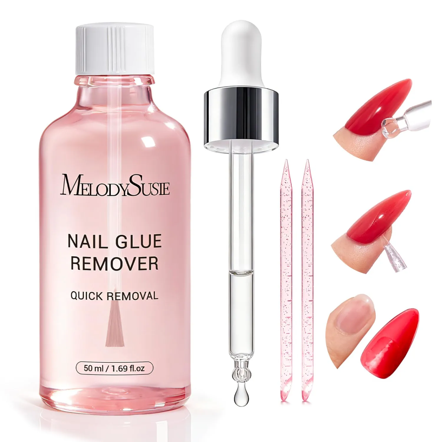MelodySusie 50ML Nail Glue Remover for Press on Nails, Acetone Free Nail Polish Remover Multi-Functional Remover for Acrylic Tips Gentle Glue Remover with Stick