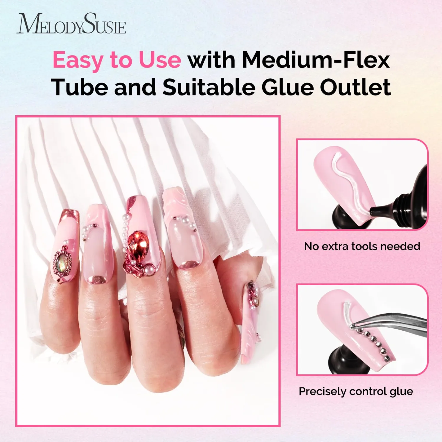 MelodySusie Rhinestone Glue Super Strong Gel Nail Glue for 3D Sculpting Nail Art Design Chrome Powder Decals Decor Need UV/LED Cured 30g