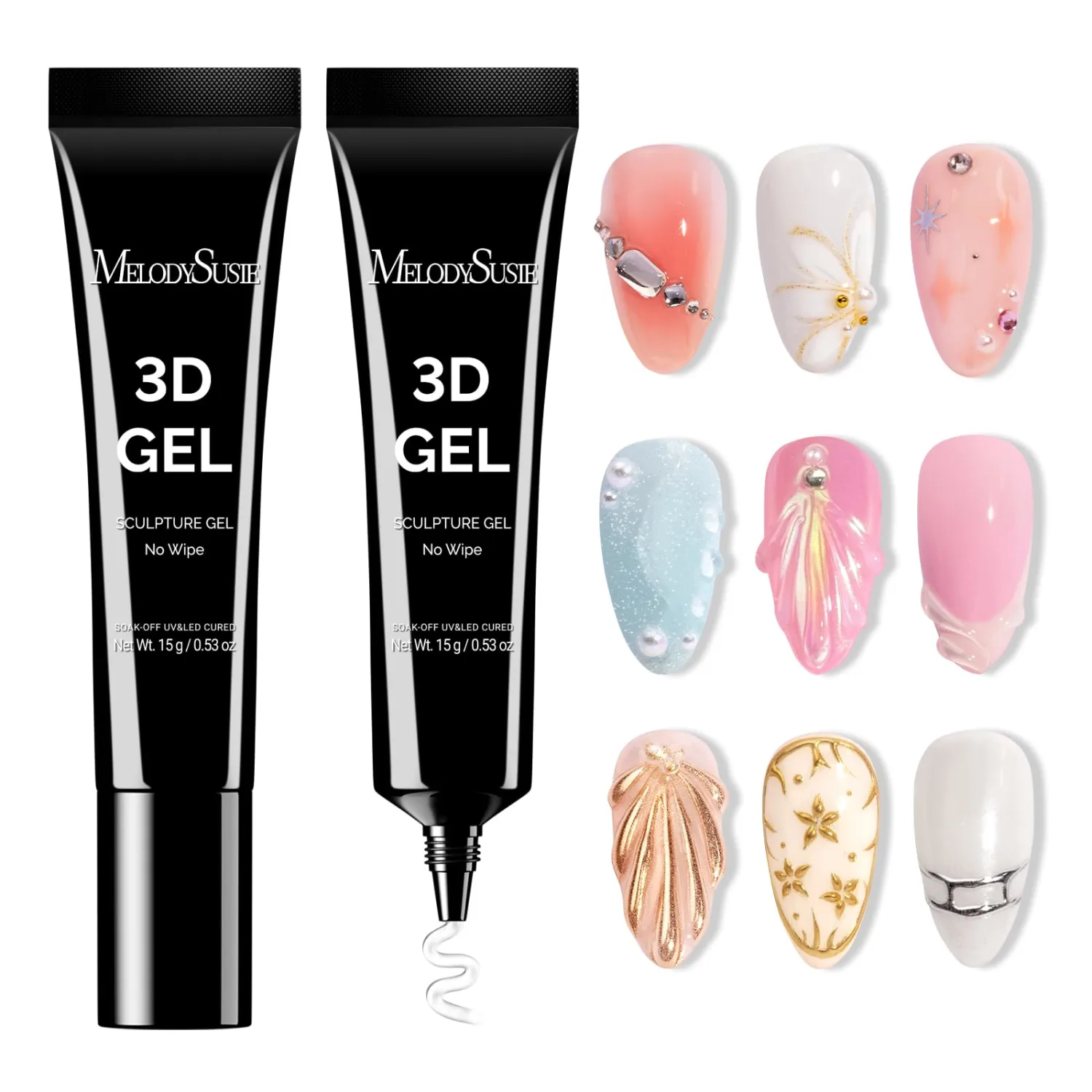 MelodySusie 3D Nail Gel for Sculpting, Clear Nail Art Glue for Drawing, Charms, Rhinestones Chrome Powder No Wipe UV/LED Light Cured Sculpting Gel for 3D Nail Art Designs Salon DIY Use 2PCS