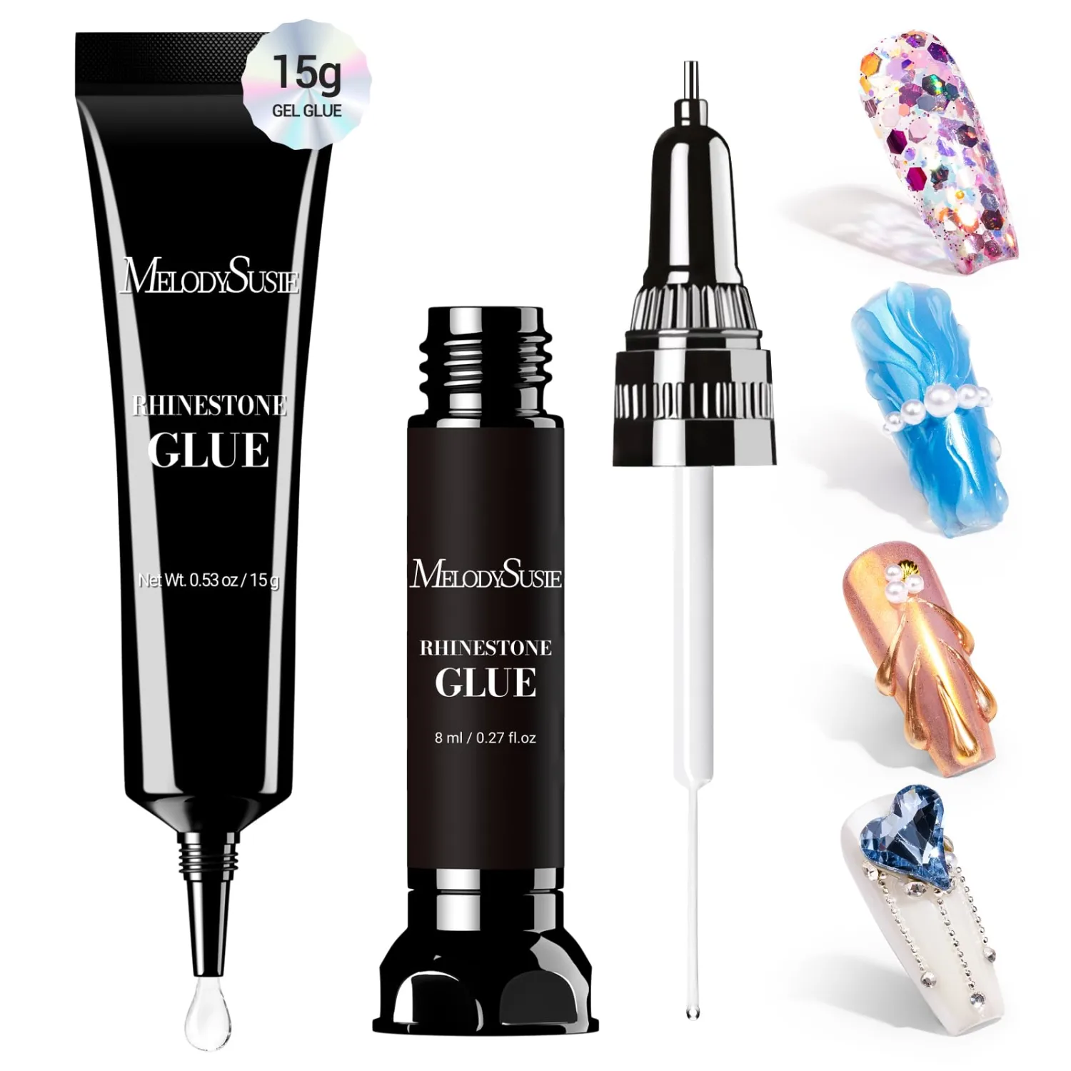 MelodySusie Nail Rhinestone Glue Set, 3D Gel Nail Art Design Strong Adhesive Nail Gem Glue for Nail Charms Gems Jewelry Decoration DIY Manicured at Home Cured Need Beauty Gifts for Women