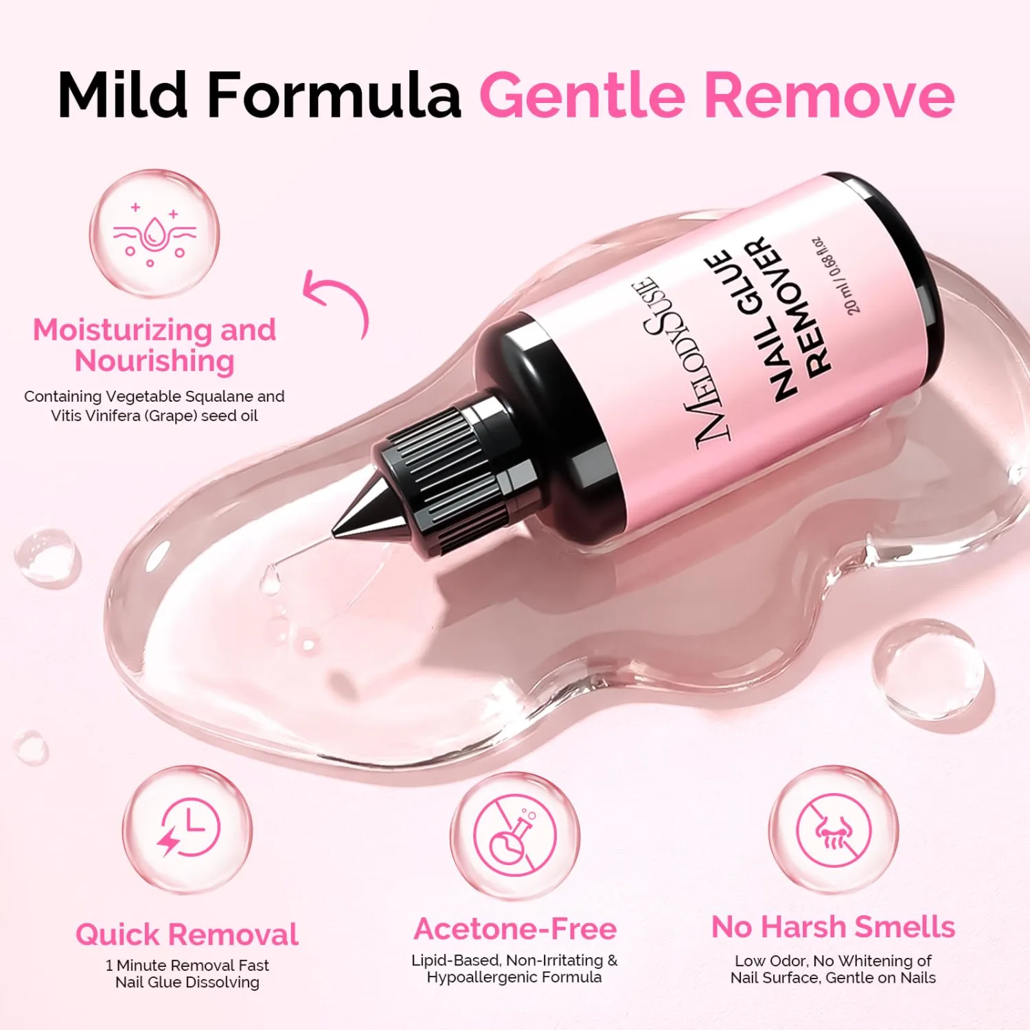 MelodySusie Nail Glue Remover for Press on Acetone Free Nail Polish Remover Multi-Functional Remover for Nails Tips Gentle Glue Remover for Gel x Nails for Home Salon 20ML