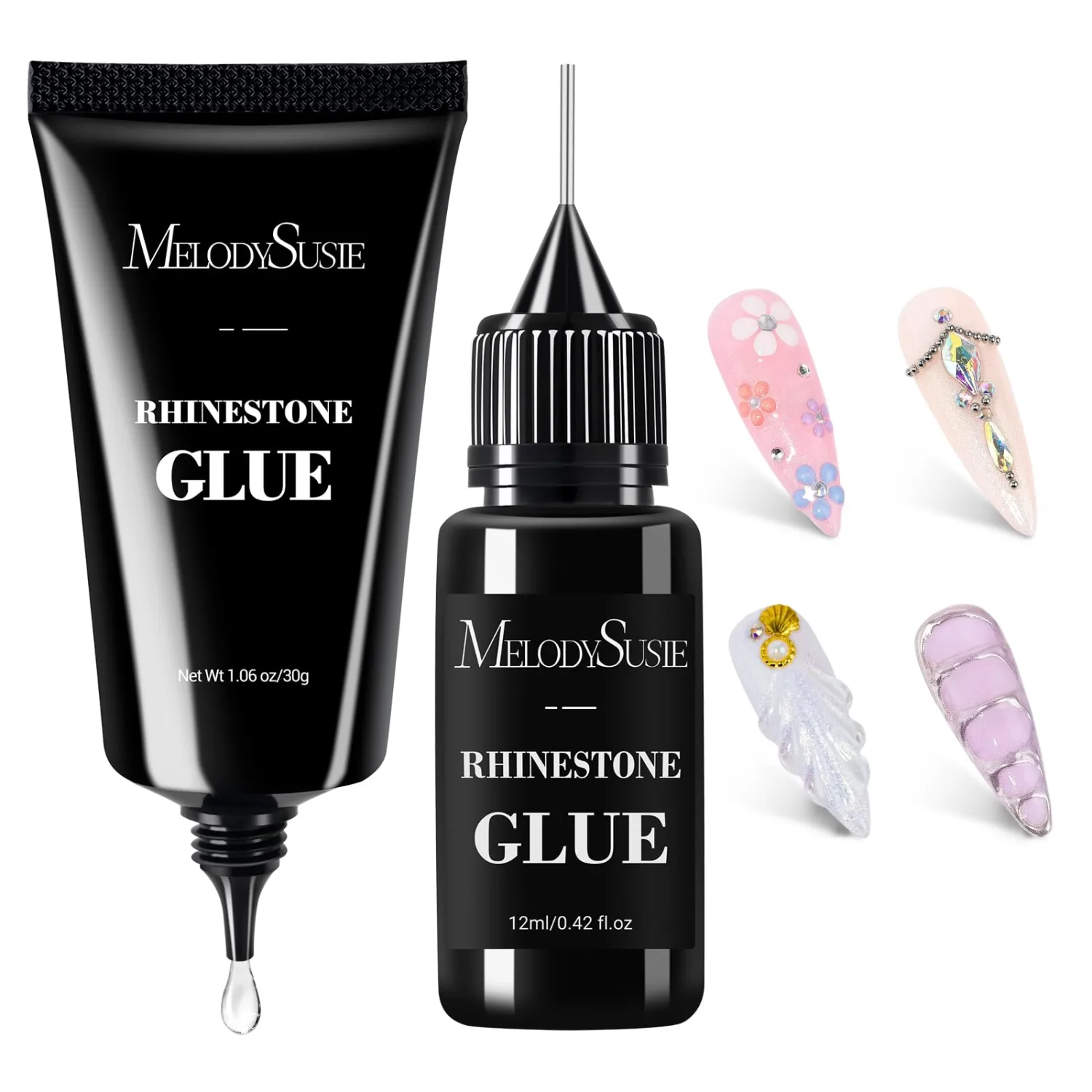 MelodySusie Nail Rhinestone Glue Set, 3D Gel Nail Art Design Strong Adhesive Nail Gem Glue for Nail Charms Gems Jewelry Decoration DIY Manicured at Home Cured Need Beauty Gifts for Women