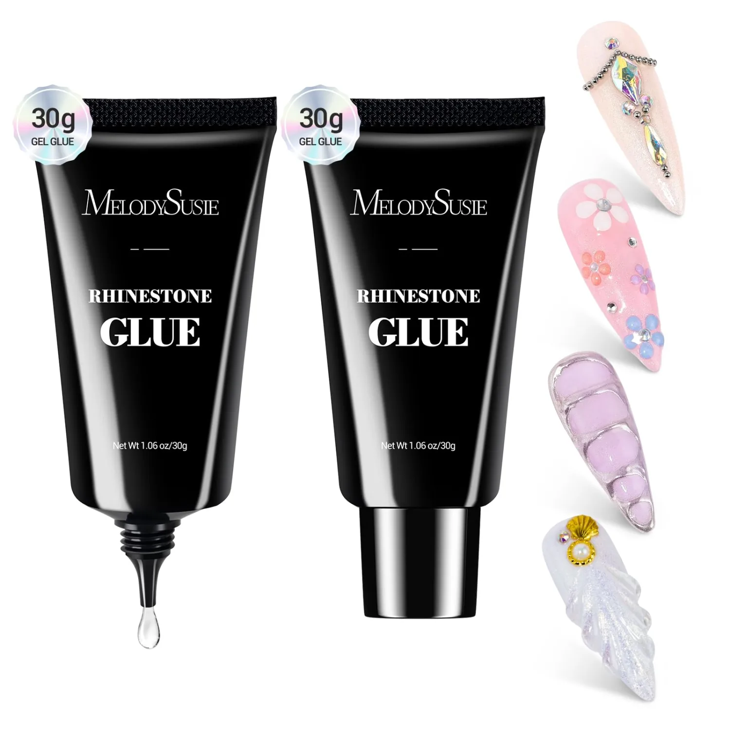 MelodySusie Nail Rhinestone Glue for Nails Super Strong Gel for Nail Charms Gems 3D Nail Gel UV Nail Glue for Nail Art Design Nail Chrome Powder Decals Decor Need UV/LED Cured 60g