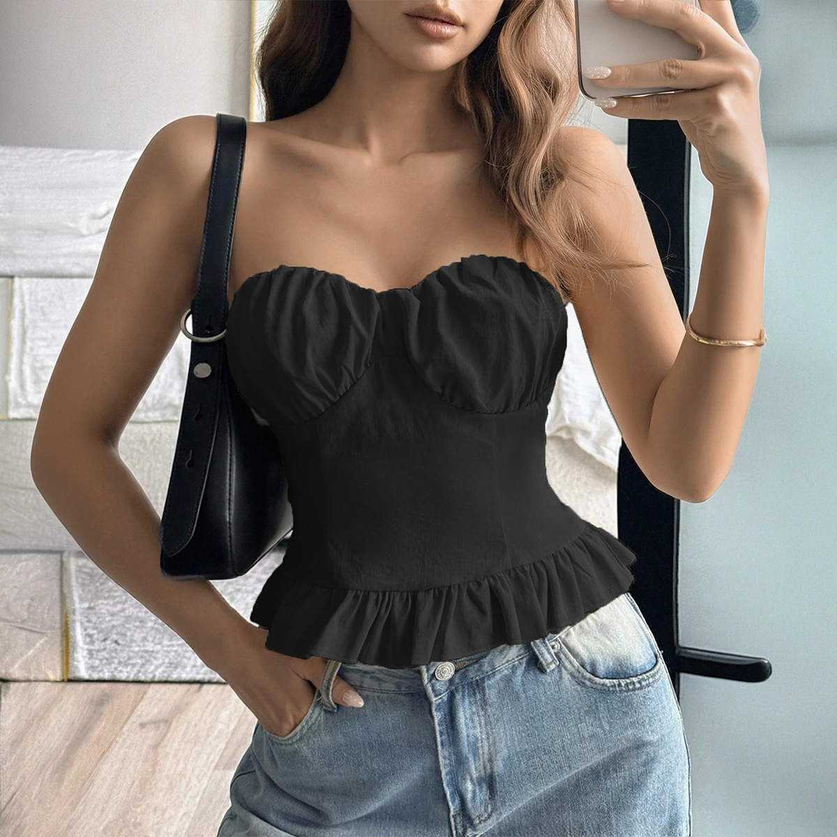 Spicy Girl Style Fashion Off-Shoulder Solid Color Tank Top