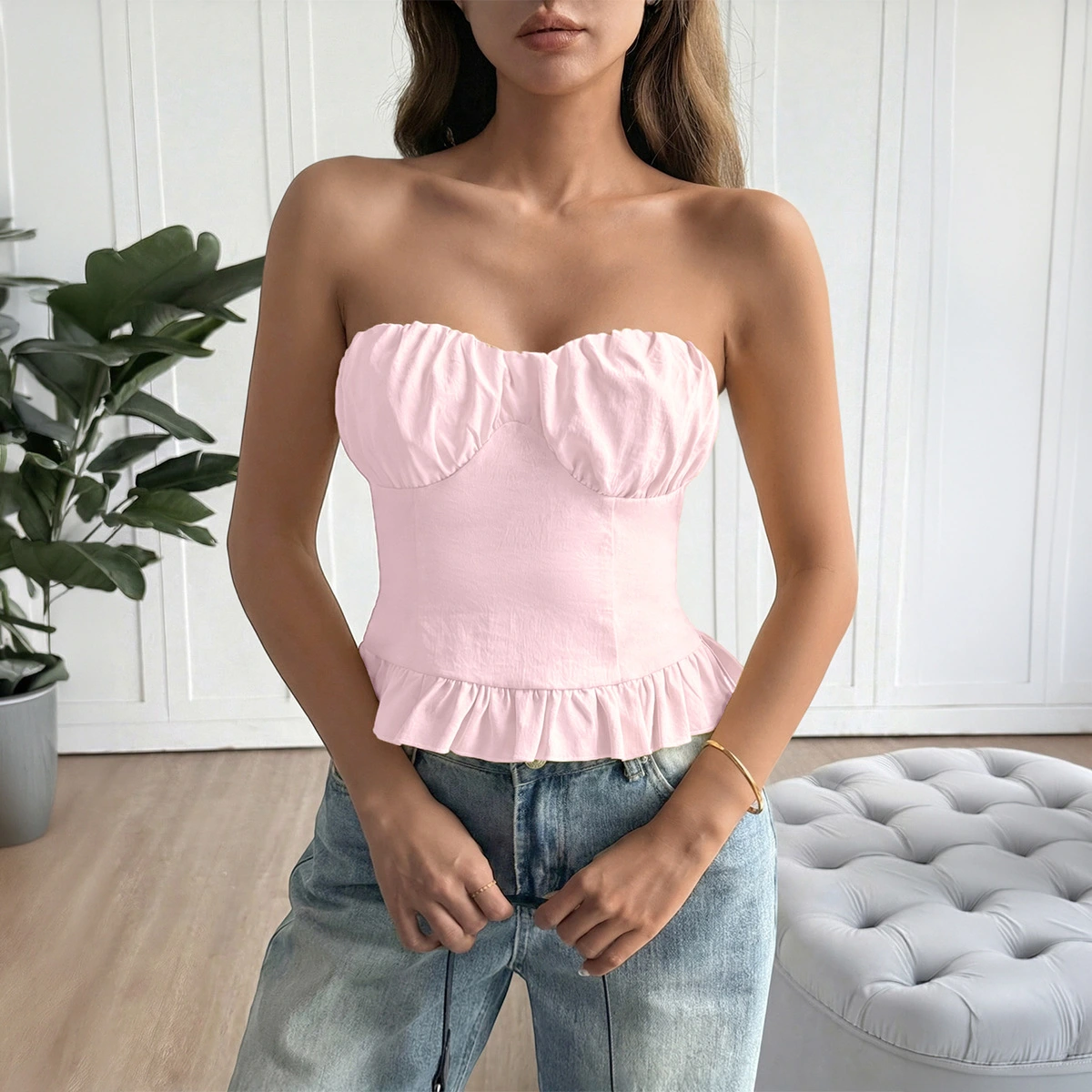 Spicy Girl Style Fashion Off-Shoulder Solid Color Tank Top