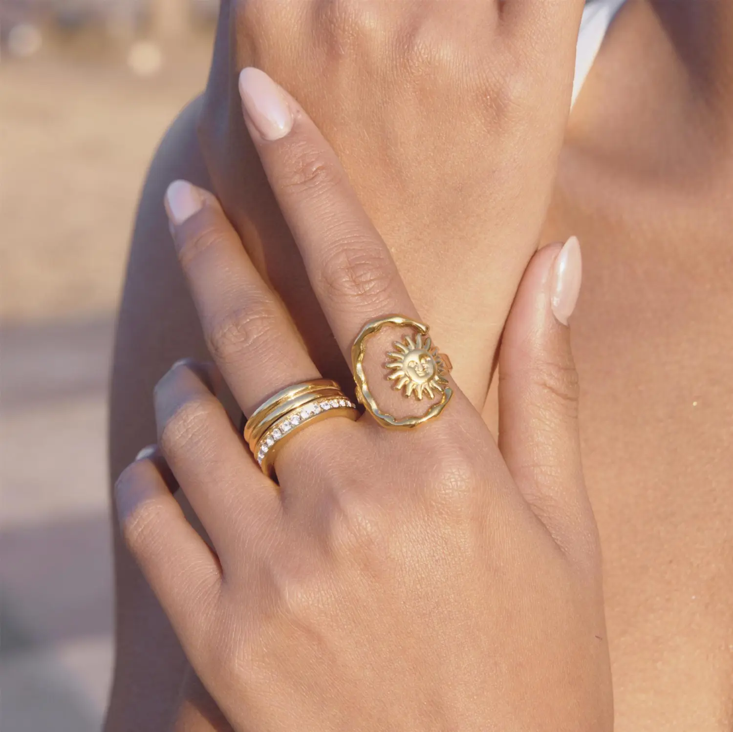 18K Gold Stainless Steel Sun And Moon Open Ring