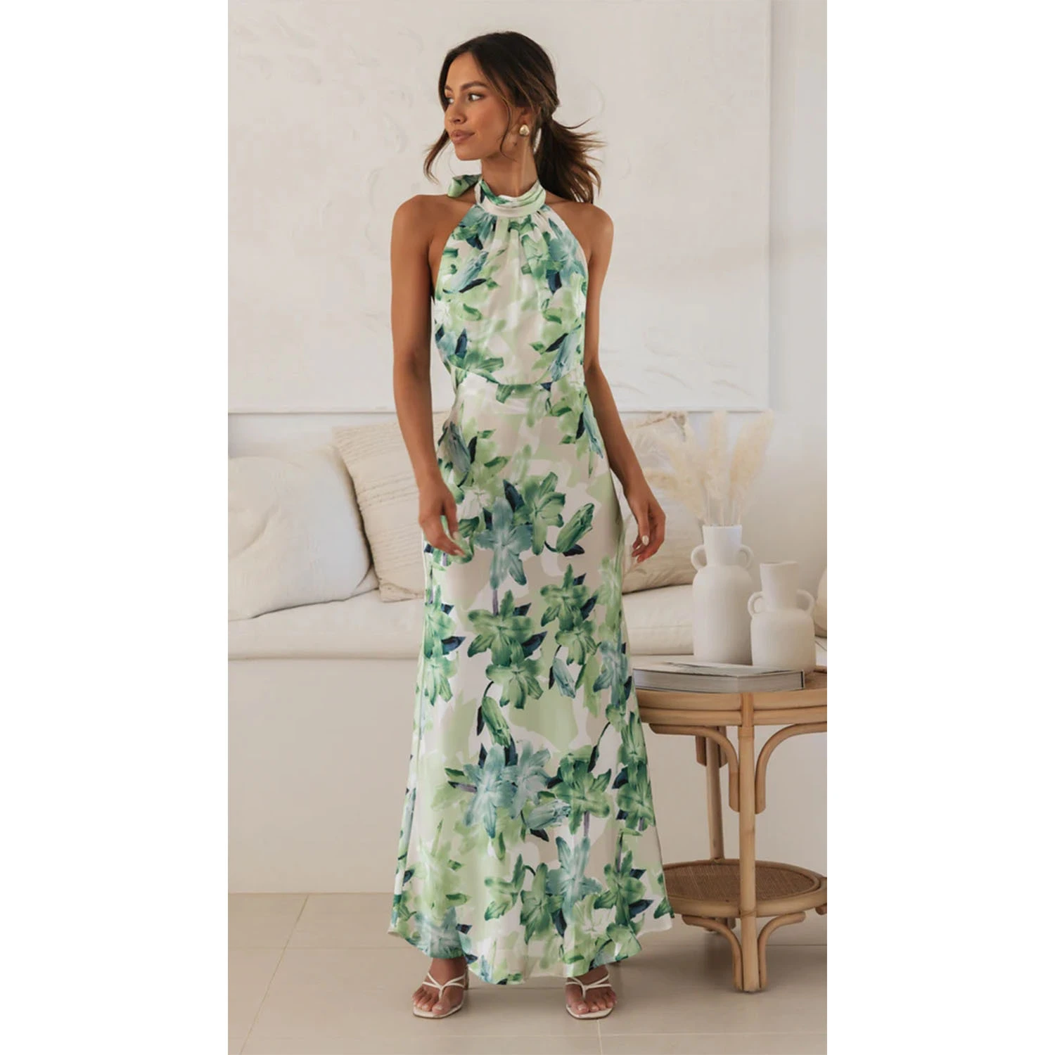 SpringSummer Floral Digital Print Sweet Halter Mid Length Dress