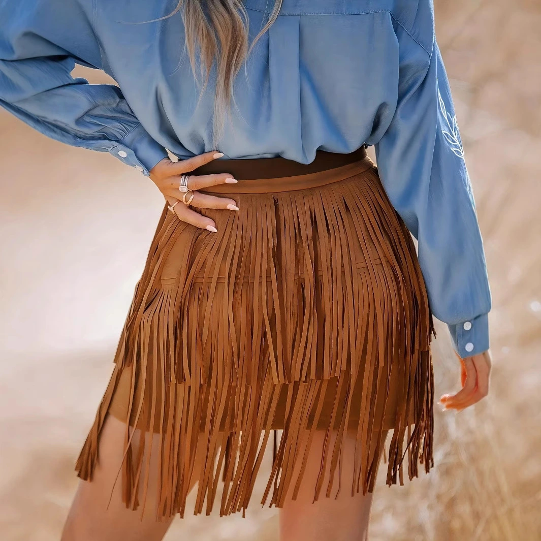 Retro-style Mesh Tassel Skirt Womens Elegant Short