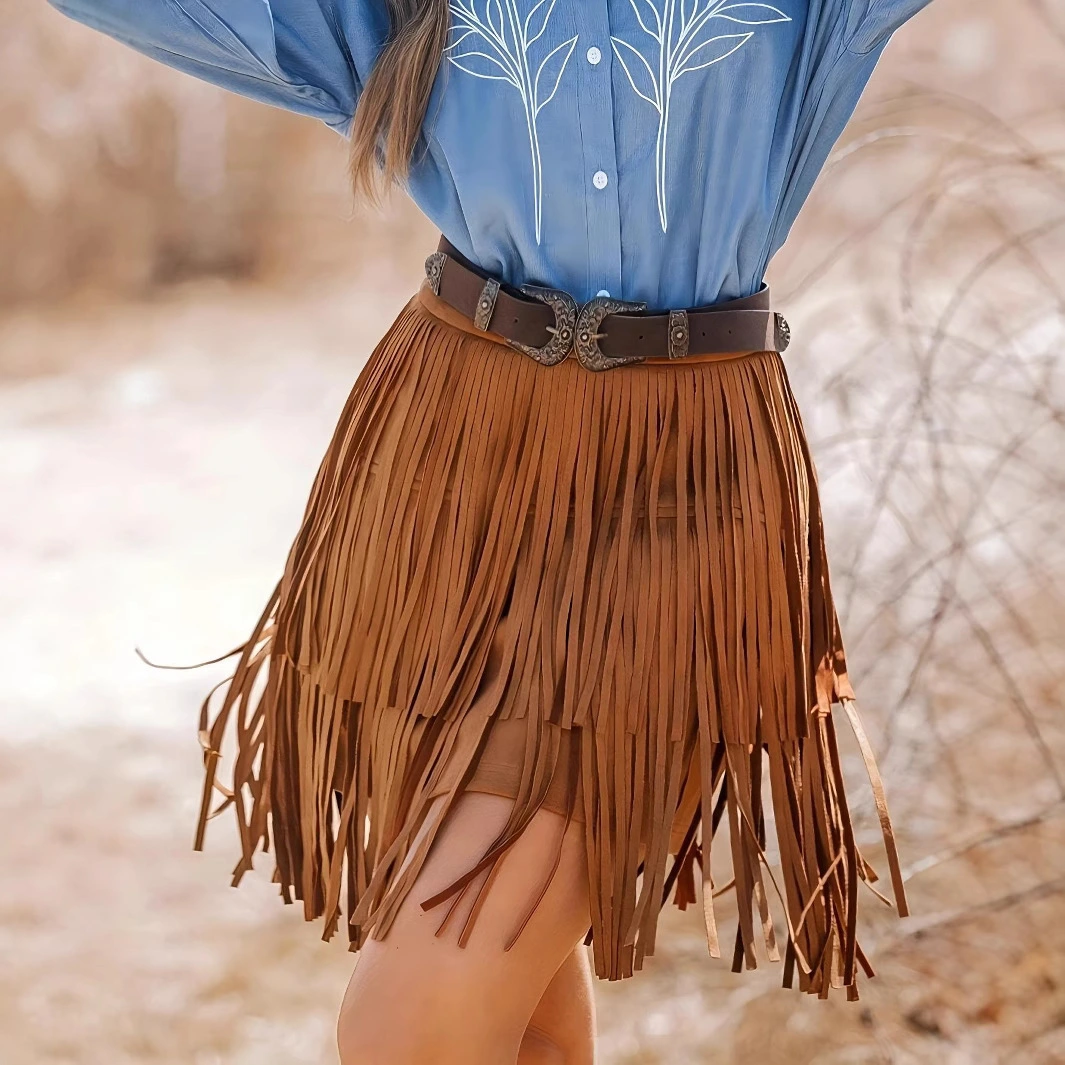 Retro-style Mesh Tassel Skirt Womens Elegant Short