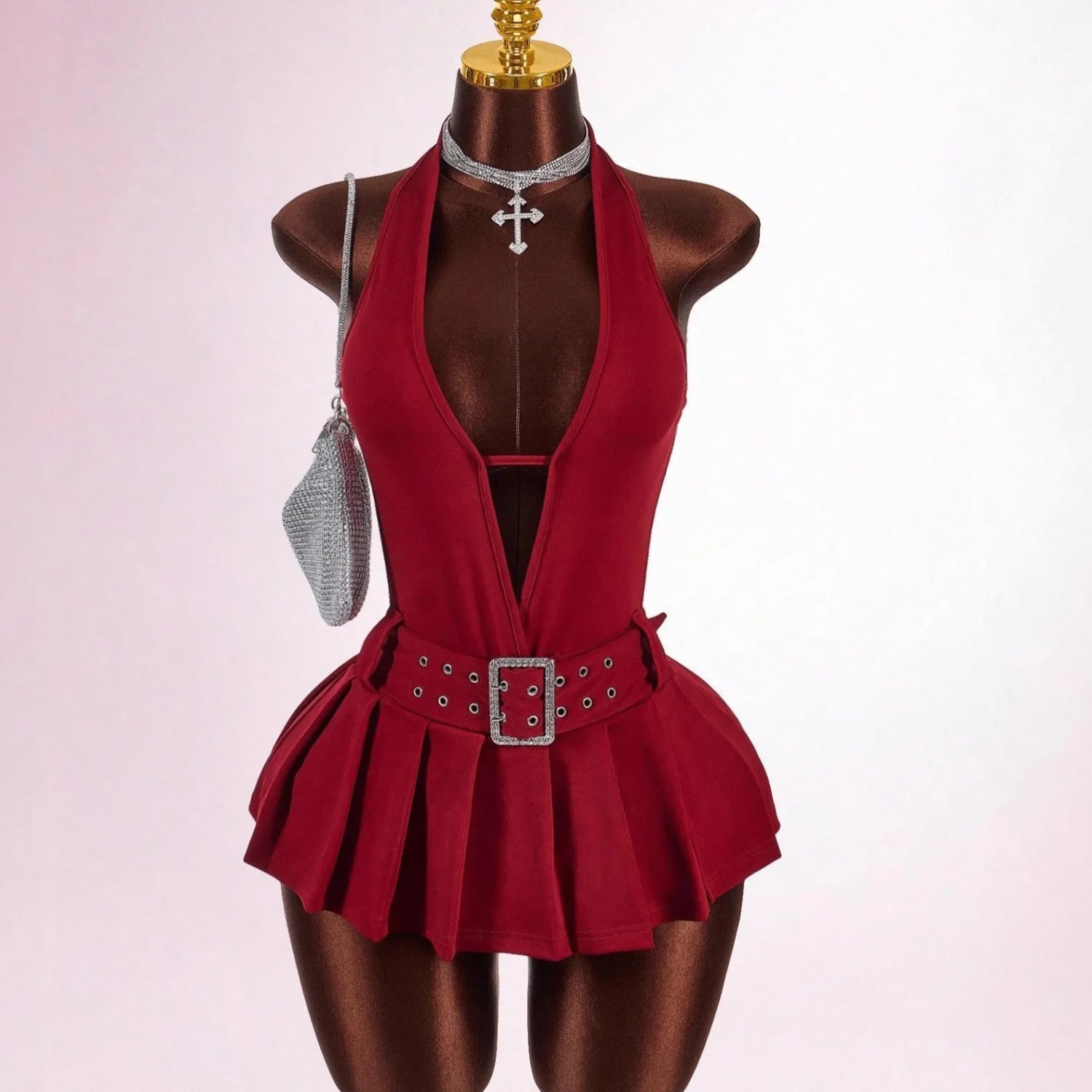 Deep-V Pleated Mini Dress For Women
