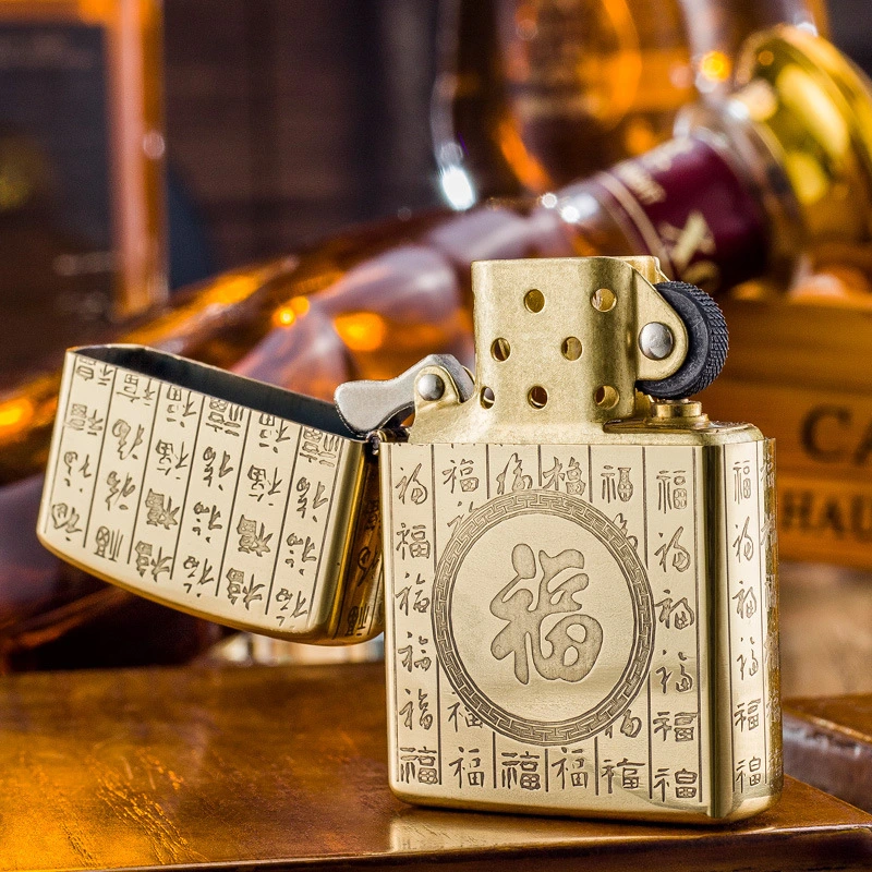Windproof Open-Flame Retro Solid-Copper Emery Wheel Lighter With Five-Sided Carving