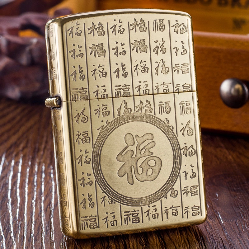 Windproof Open-Flame Retro Solid-Copper Emery Wheel Lighter With Five-Sided Carving