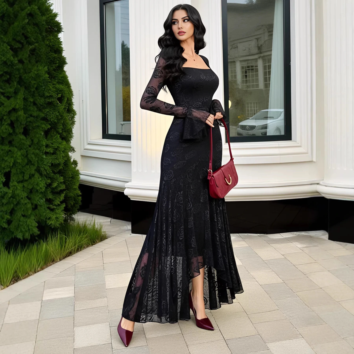 Square-neckline Asymmetrical Hem Figure-hugging Dress