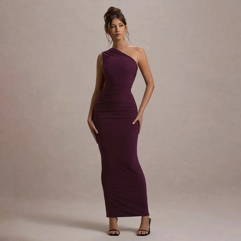 New Solid-color Ruched Off-shoulder Elegant Dress