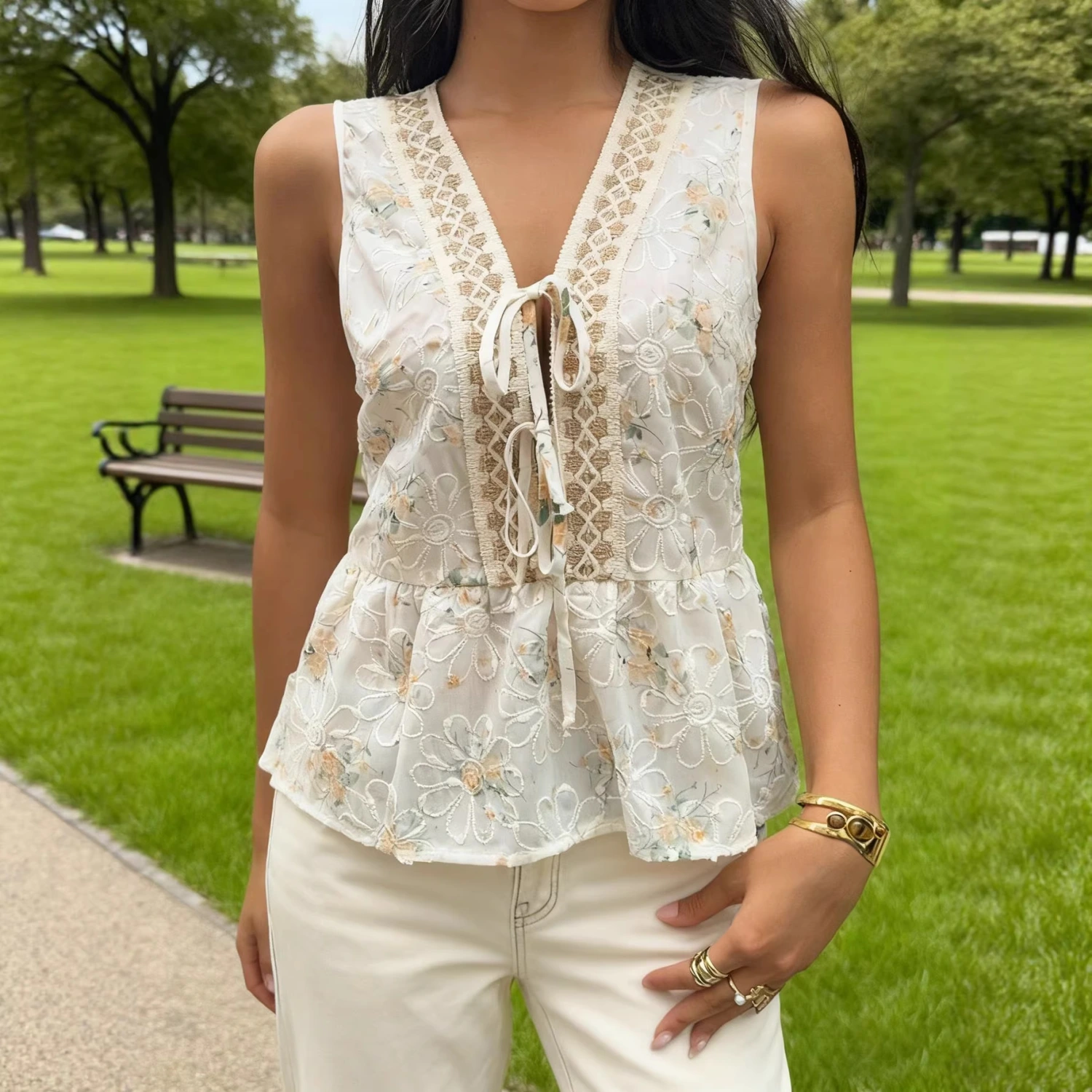 V-neck Lace Shirt With Tie-detail Top