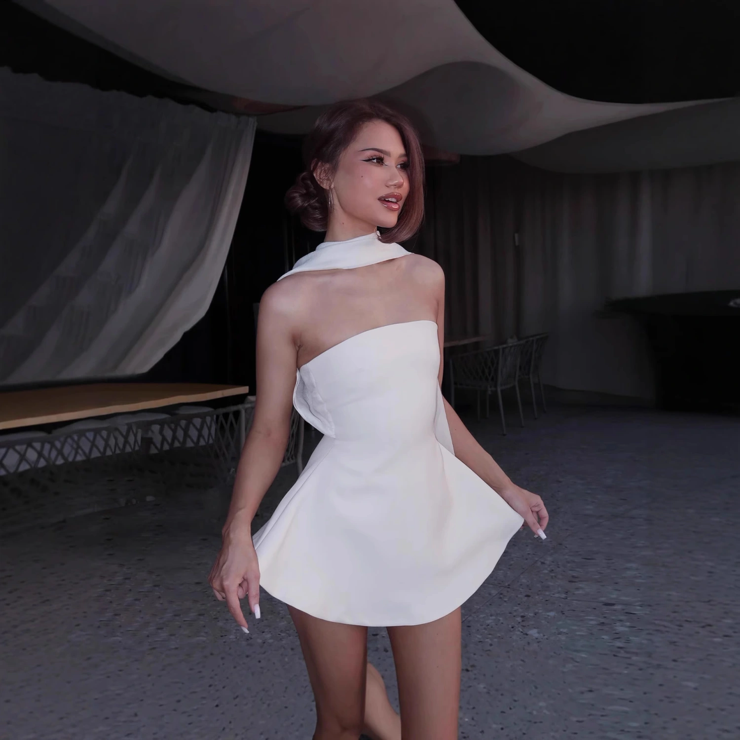 Womens Fashionable French-style Bow-Trimmed Strapless Solid-color Dress