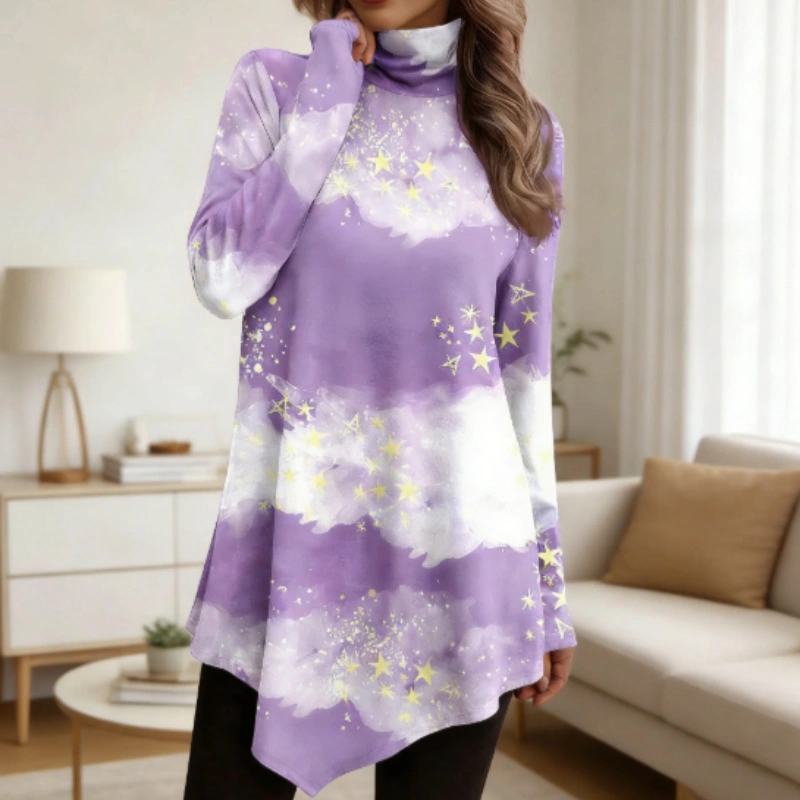 Purple Starry Sky Cloud Print Turtleneck Loose Top