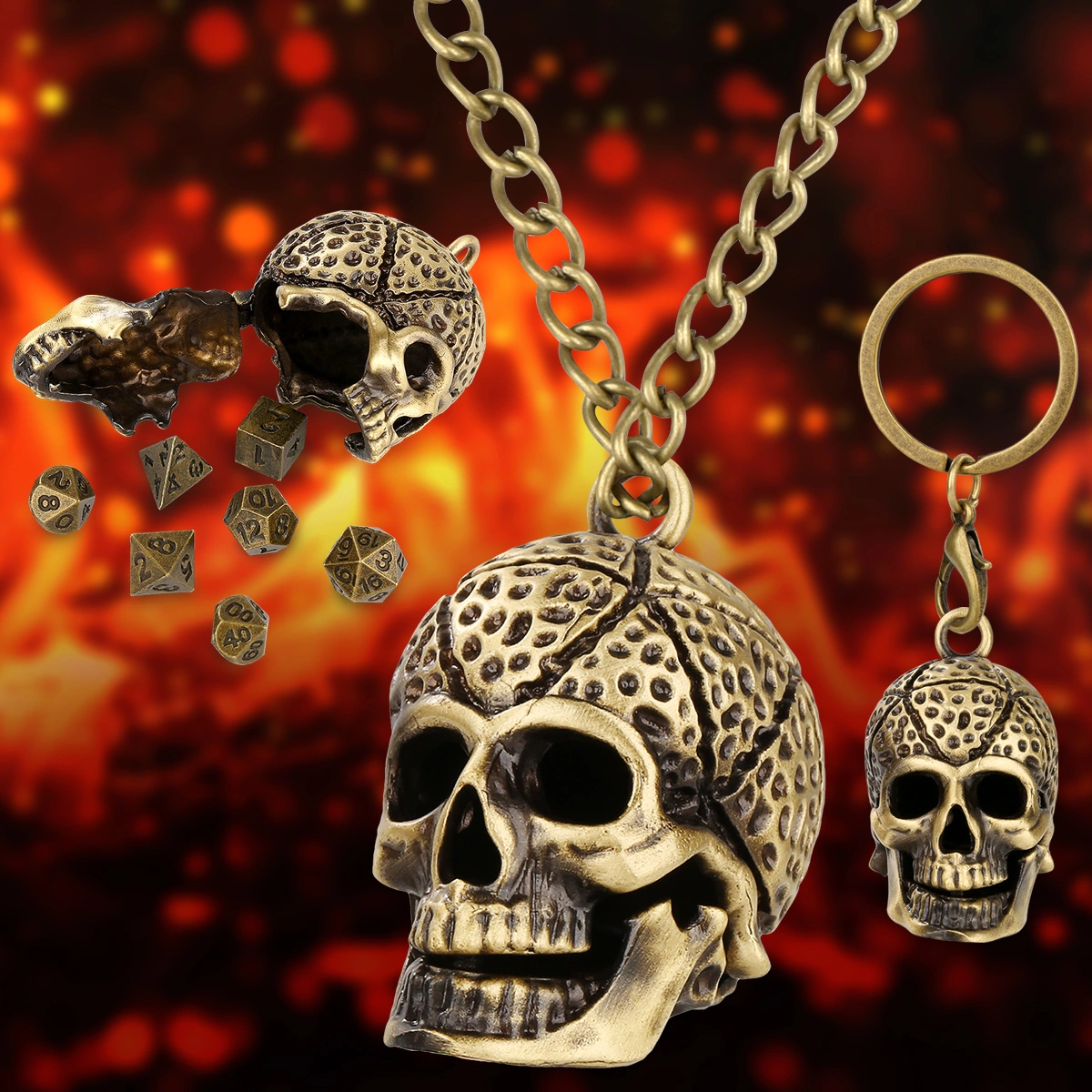 Skull Cage Pendant Necklace, Small Portable Metal Keychain, Mini 7-Piece Polyhedral Metal D&D Dice Set, Suitable For Parent Games, Toy Accessories, Gifts, Multiplayer Role Playing Board Games