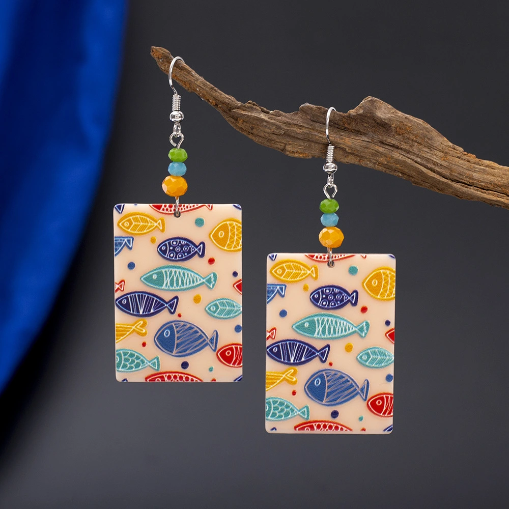 Fashionable Square 3D Printed Acrylic Multi-Color Fish Earrings For Women