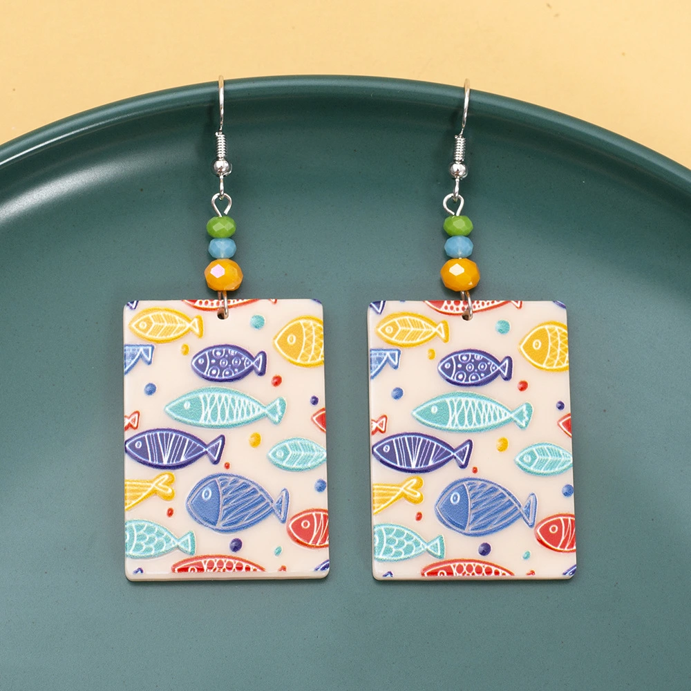 Fashionable Square 3D Printed Acrylic Multi-Color Fish Earrings For Women