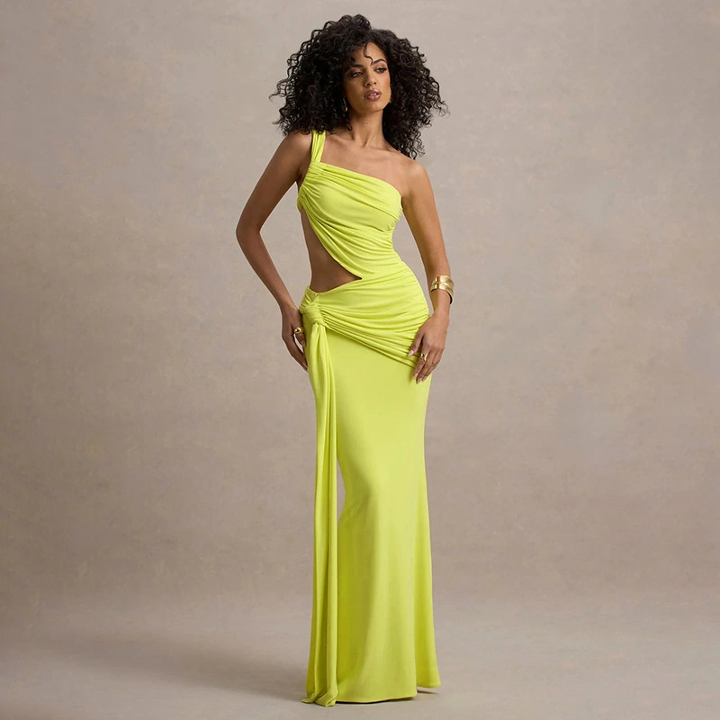 Solid Color Irregular Side Streamers Wear Pleated Dress