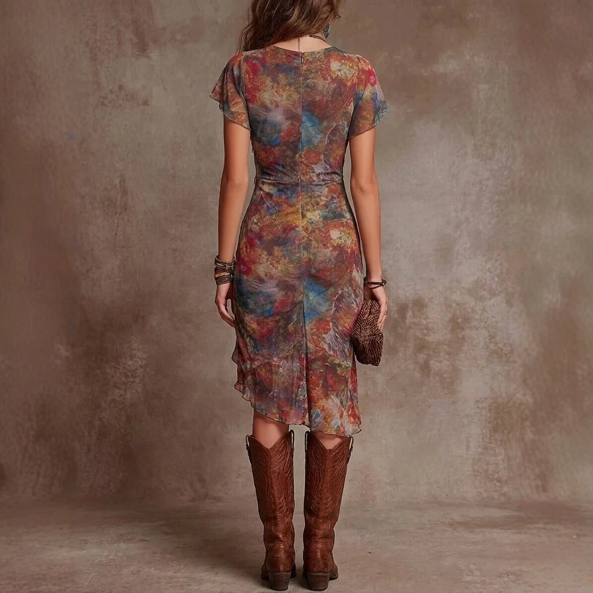 Womens Slim-fit Printed V-neck Defined-waist Dress