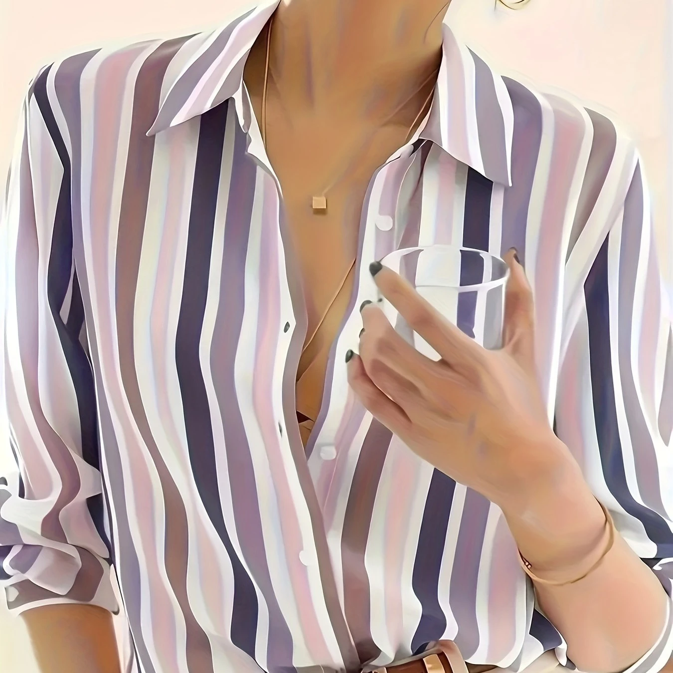 Color Blocking Temperament Striped Shirt For Women