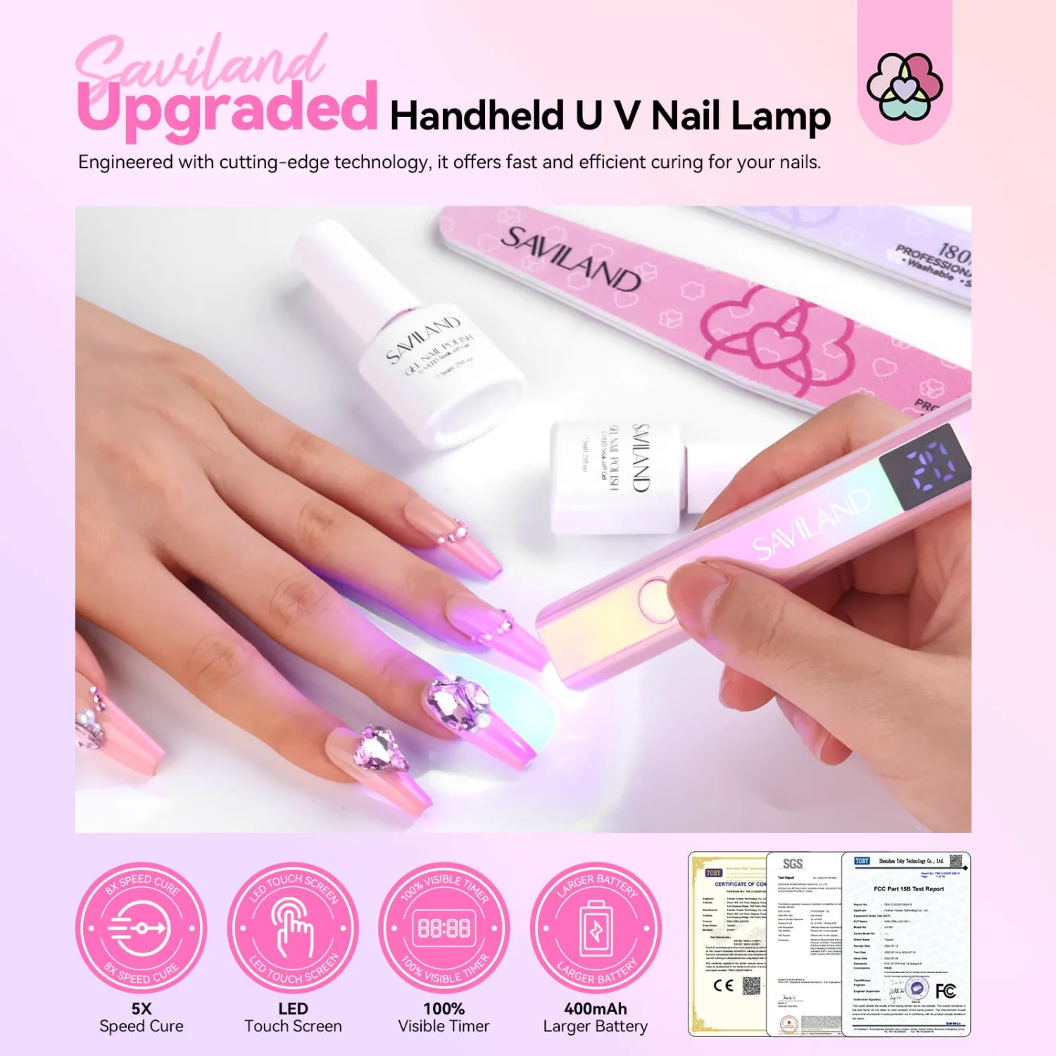 SAVILAND Handheld U V Light for Nails: 12W Portable Mini UV Light for Gel Nail 3 Timer Setting LED Nail Lamp 400mAh Rechargeable Type-c USB LCD Display Screen Nail Dryer for Home Personal DIY Self Use