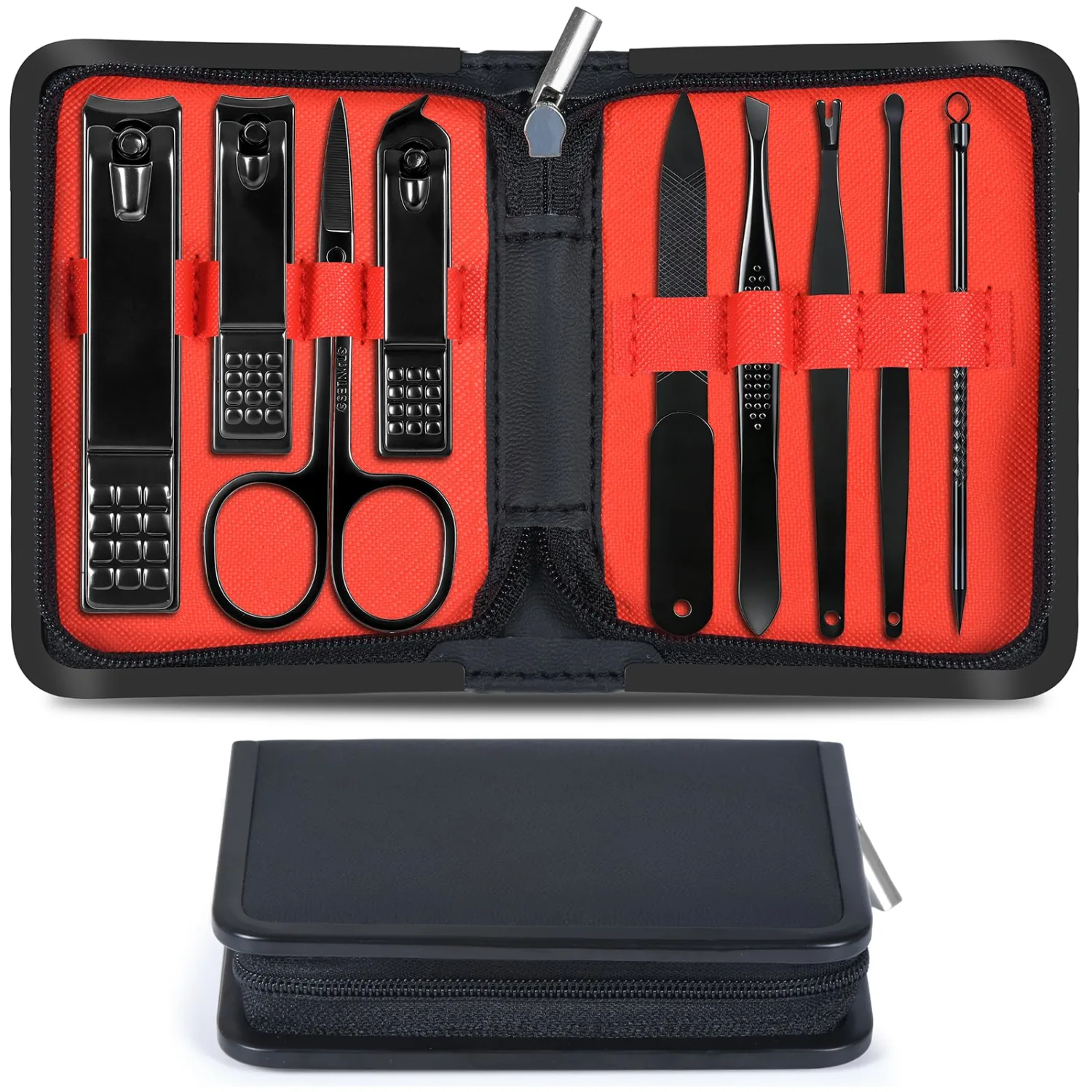 Nail Clippers Set Men Personal Care Tools Accessories Professional Manicure Pedicure Kit With Travel Case Nail Grooming Kit Gifts for Men Women Father Mother (Black and Red)