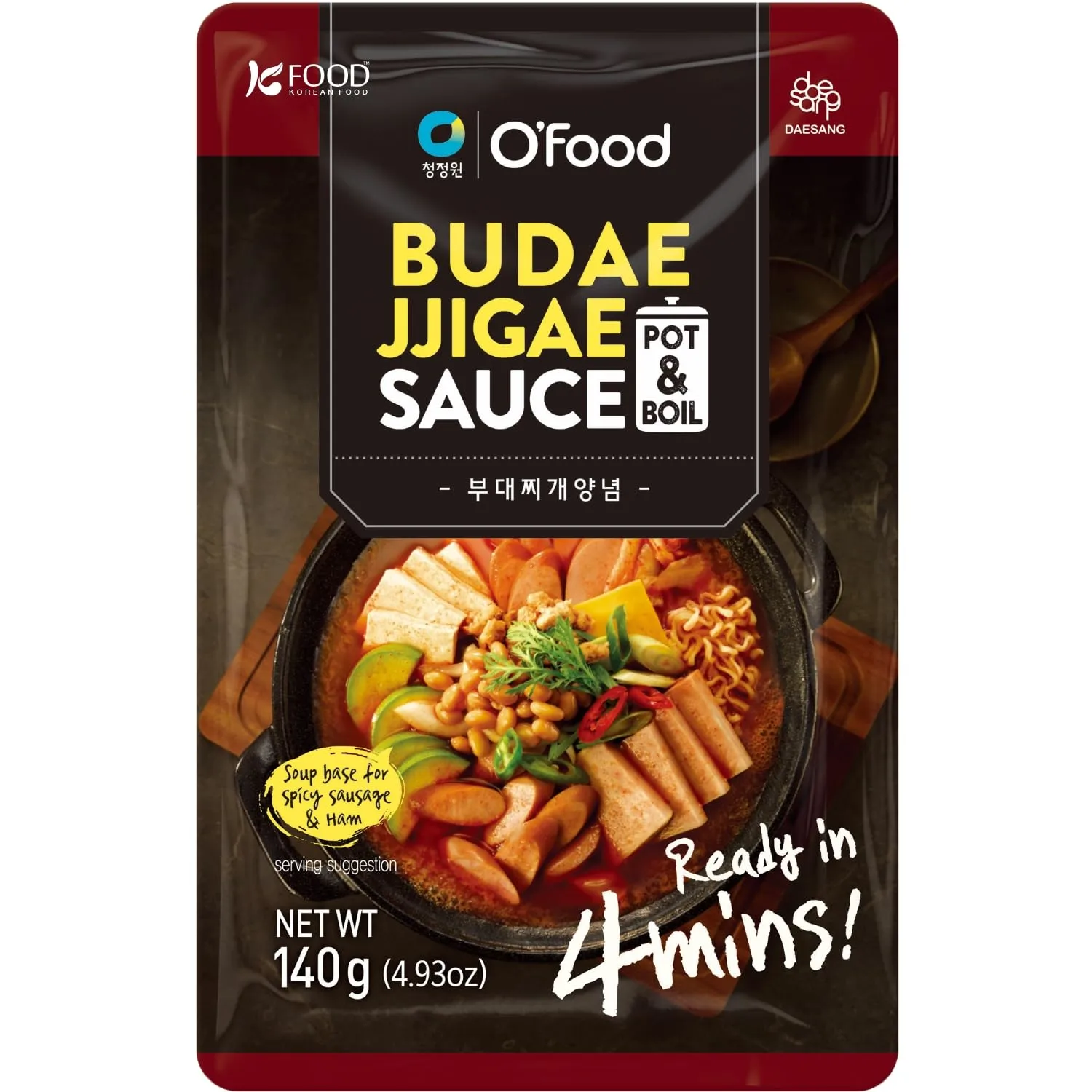 Korean Food O'Food Budae Jjigae Sauce – Spicy Army Stew Base, Easy 4-Minute Cook Korean Soup Broth, Authentic Korean Flavor, 4.94oz (140g)