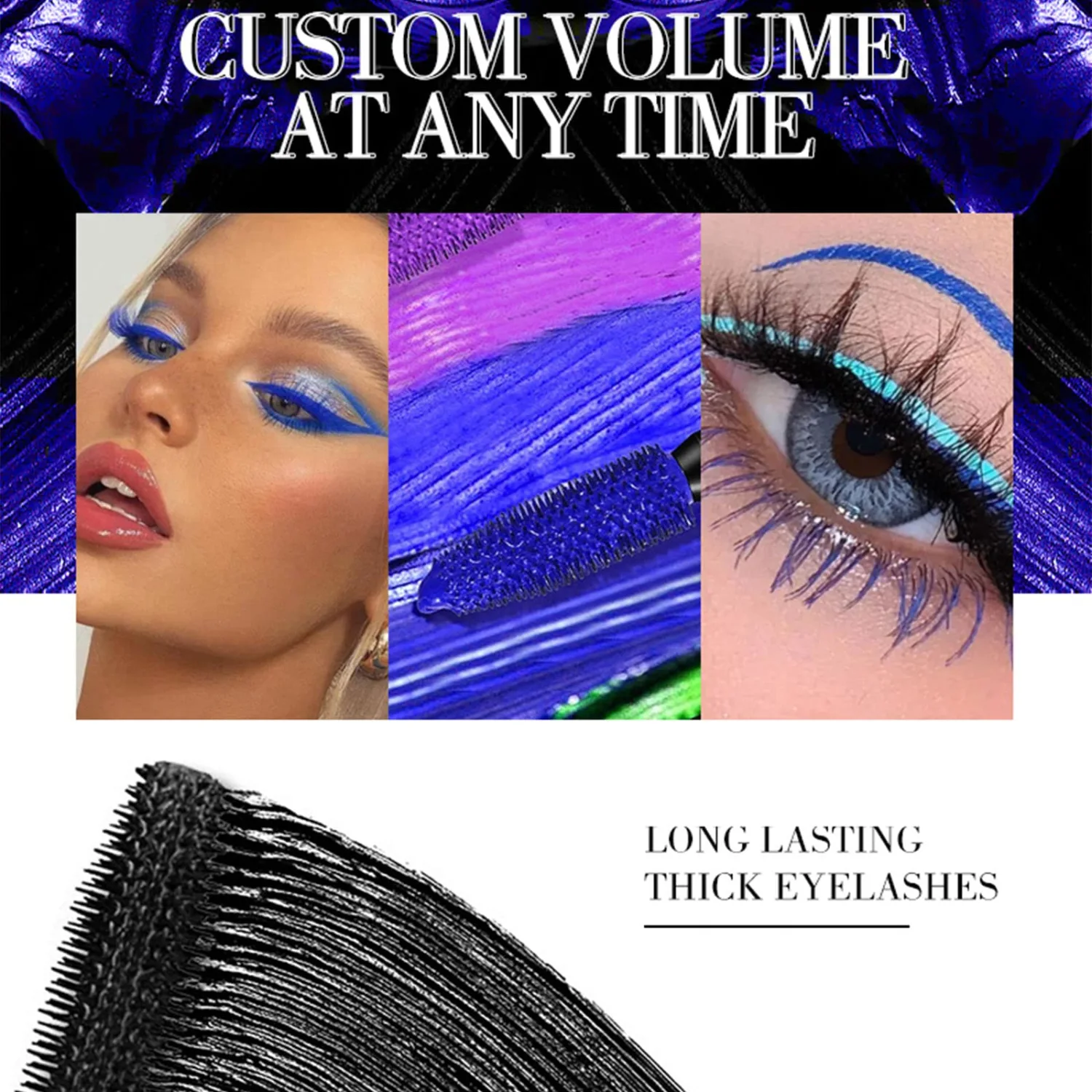 Blue Waterproof Mascara for Eyelashes - 5D Silk Fiber Lash, Long Lasting, Smudgeproof, Lengthening, Defining, Curling, Volumizing - Colorful Eye Makeup for Party and Stage Use