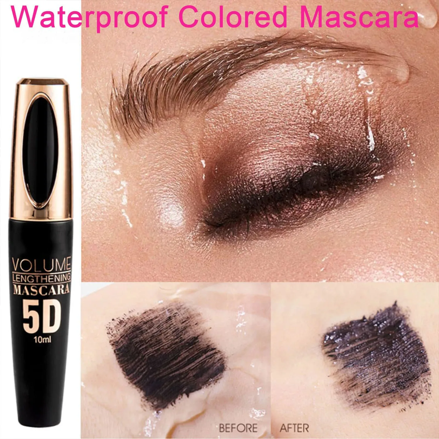 Purple Colored Waterproof Mascara - Long Lasting, Thick, 5D Silk Fiber, SmudgeProof, Volumizing, Lengthening, Curling, Washable, Party & Stage Use