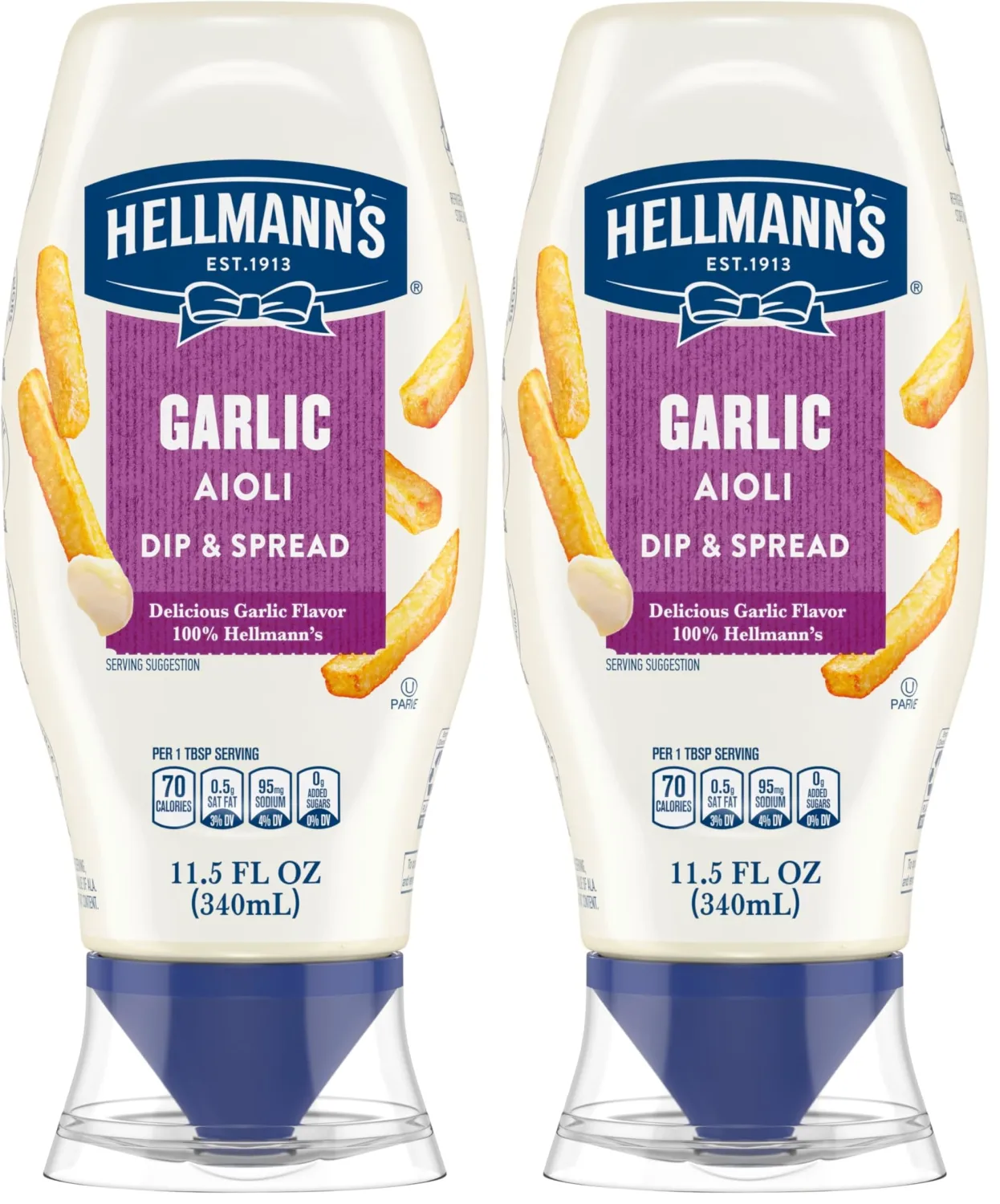 Hellmann's Garlic Dip & Spread Garlic Aioli for French Fries, Sandwiches, Burgers & More Made With 100% Certified Vegan Ingredients 11.5 oz (Pack of 2)