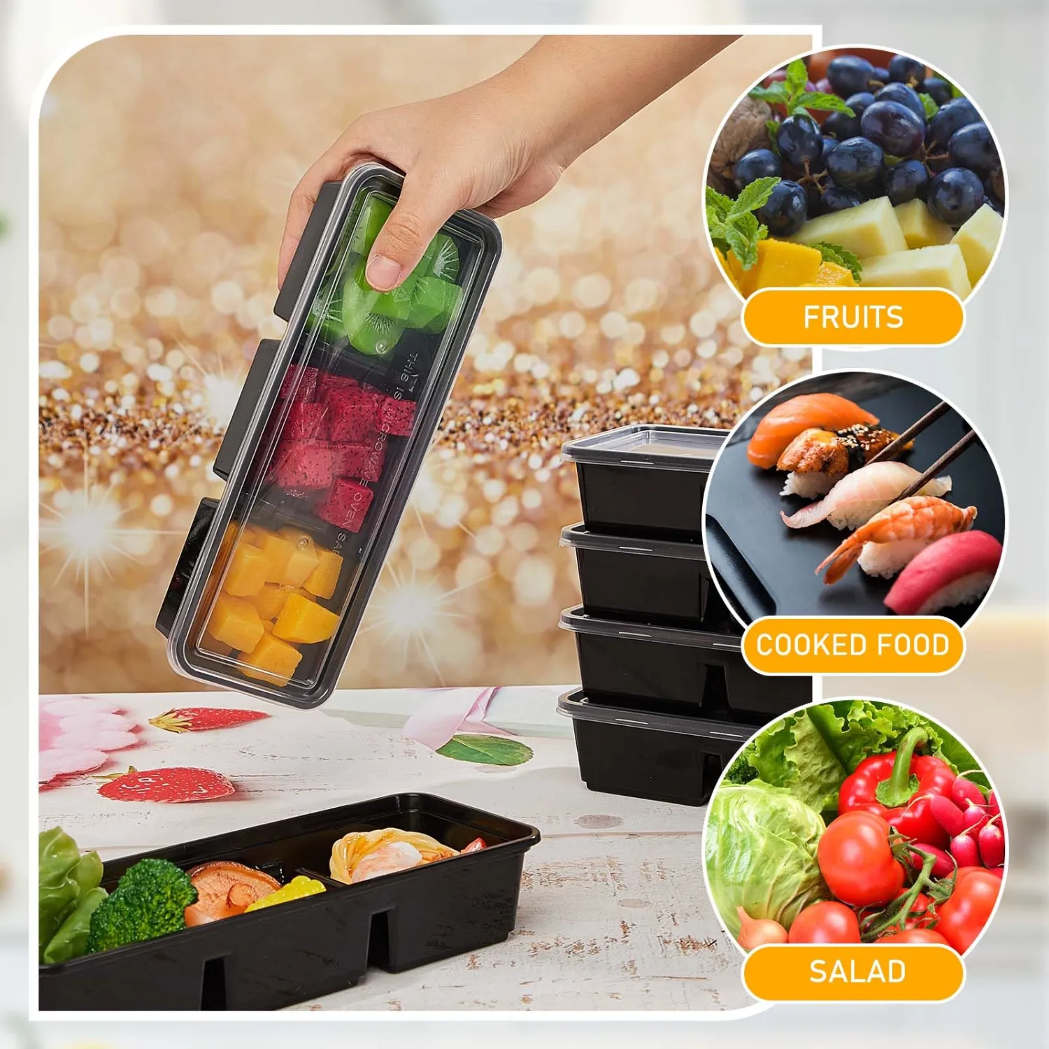 Hushee 5 Pack 17 oz Small Meal Prep Containers with 3 Compartments Snack Containers with Lid Disposable Plastic Bento Box Travel Lunch Food Boxes Stackable for Office Picnic (Black)