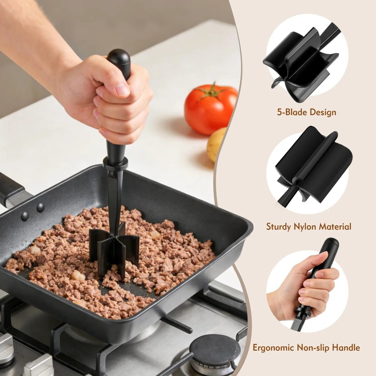 Meat Masher, Ground Beef Chopper Tool with 5 Curve Blades & Ergonomic Non-Slip Handle, Nylon Hamburger Smasher Tool Heat Resistant Non Stick(Black)