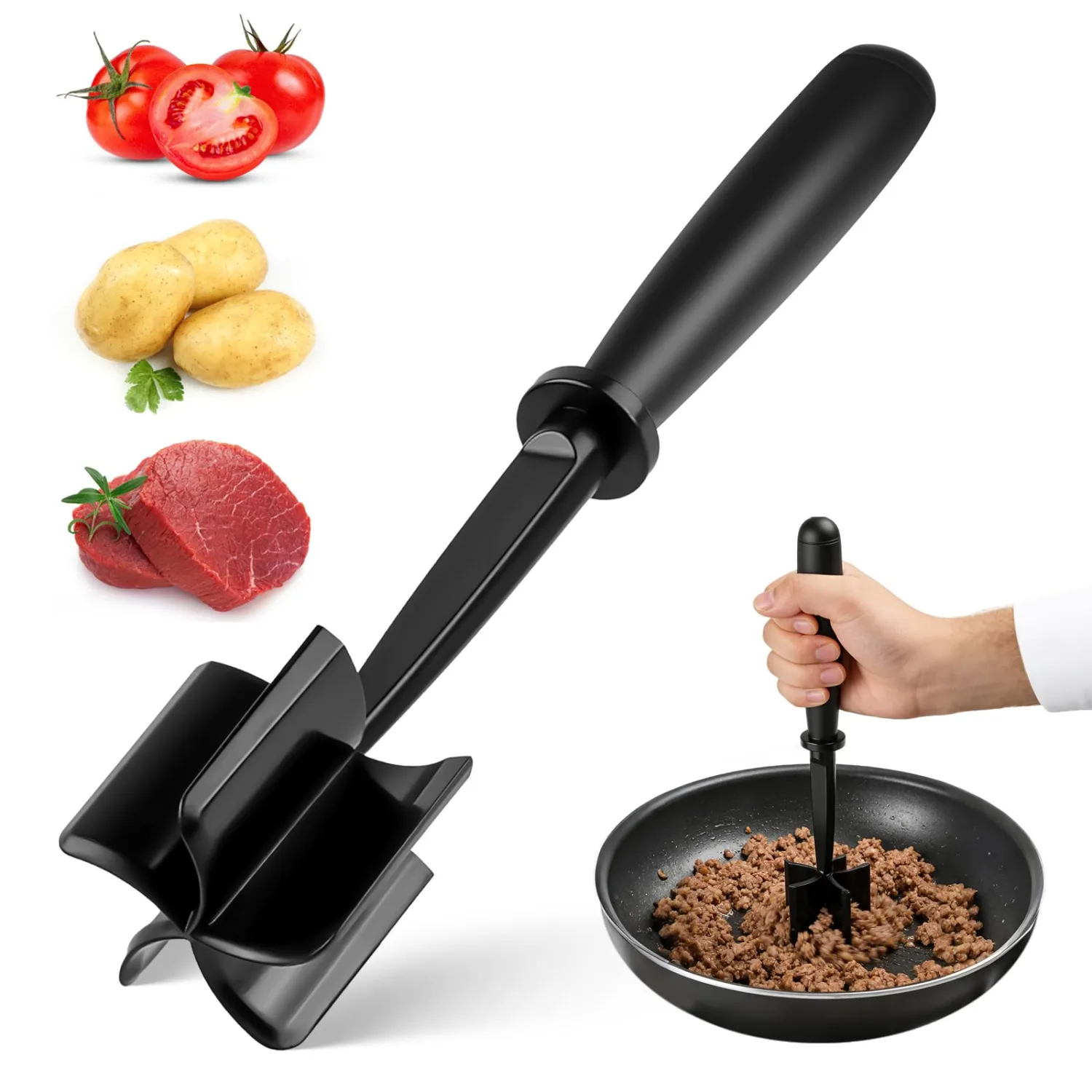 Meat Masher, Ground Beef Chopper Tool with 5 Curve Blades & Ergonomic Non-Slip Handle, Nylon Hamburger Smasher Tool Heat Resistant Non Stick(Black)