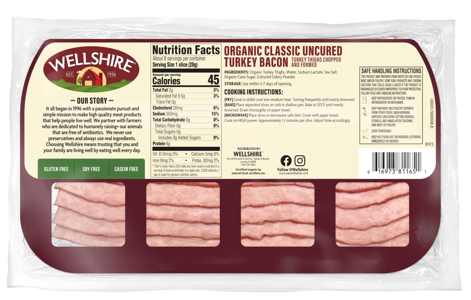 Wellshire Farms 8oz Uncured Turkey Bacon – Made from Organic Turkey Thighs with No Antibiotics or Hormones, a Lean and Flavorful Breakfast Meat Alternative