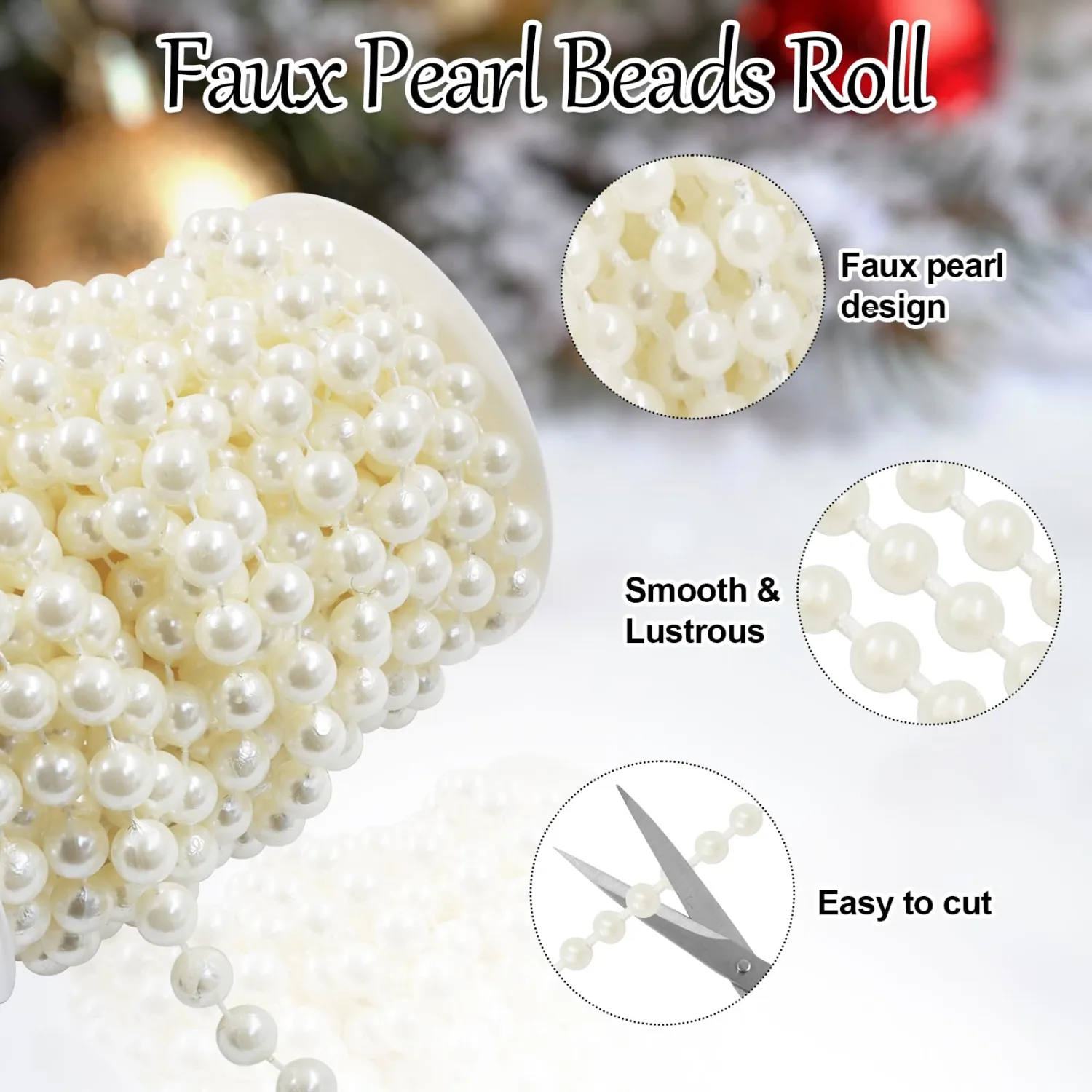 Biaungdo 10mm Millet Beads Faux Pearl Roll Strand, 10 Meters / 33 Feets Ivory Crafts String Faux Pearl Garland for Wedding Centerpieces, Christmas Tree, Party & Floral Decorations DIY