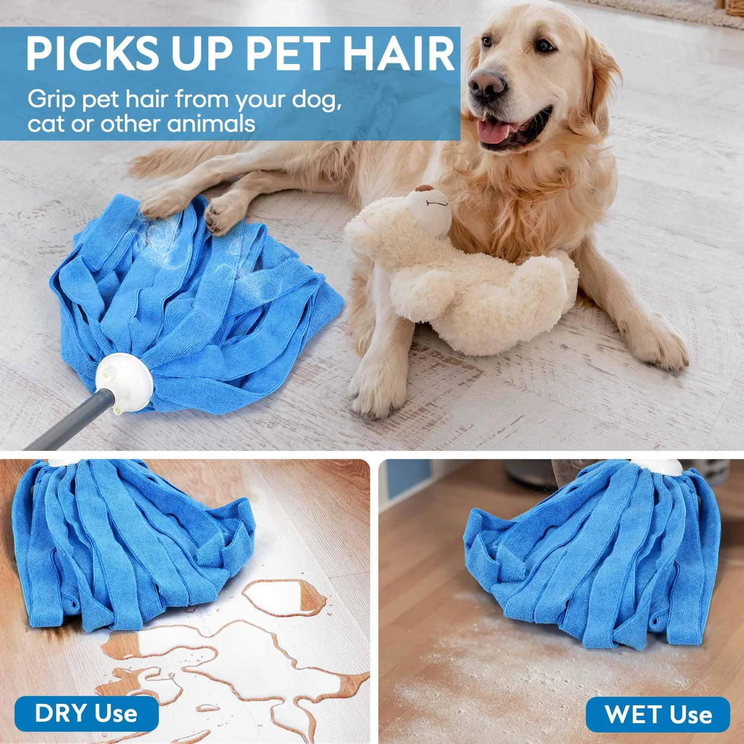 Matthew Microfiber Mop Compatible with Ceda Refill - Commercial Mop Replacement 54" Stainless Steel Handle with 2 Wet Mop Heads w/1 Handle Incl. 2 Pcs Blue Microfiber Cloth