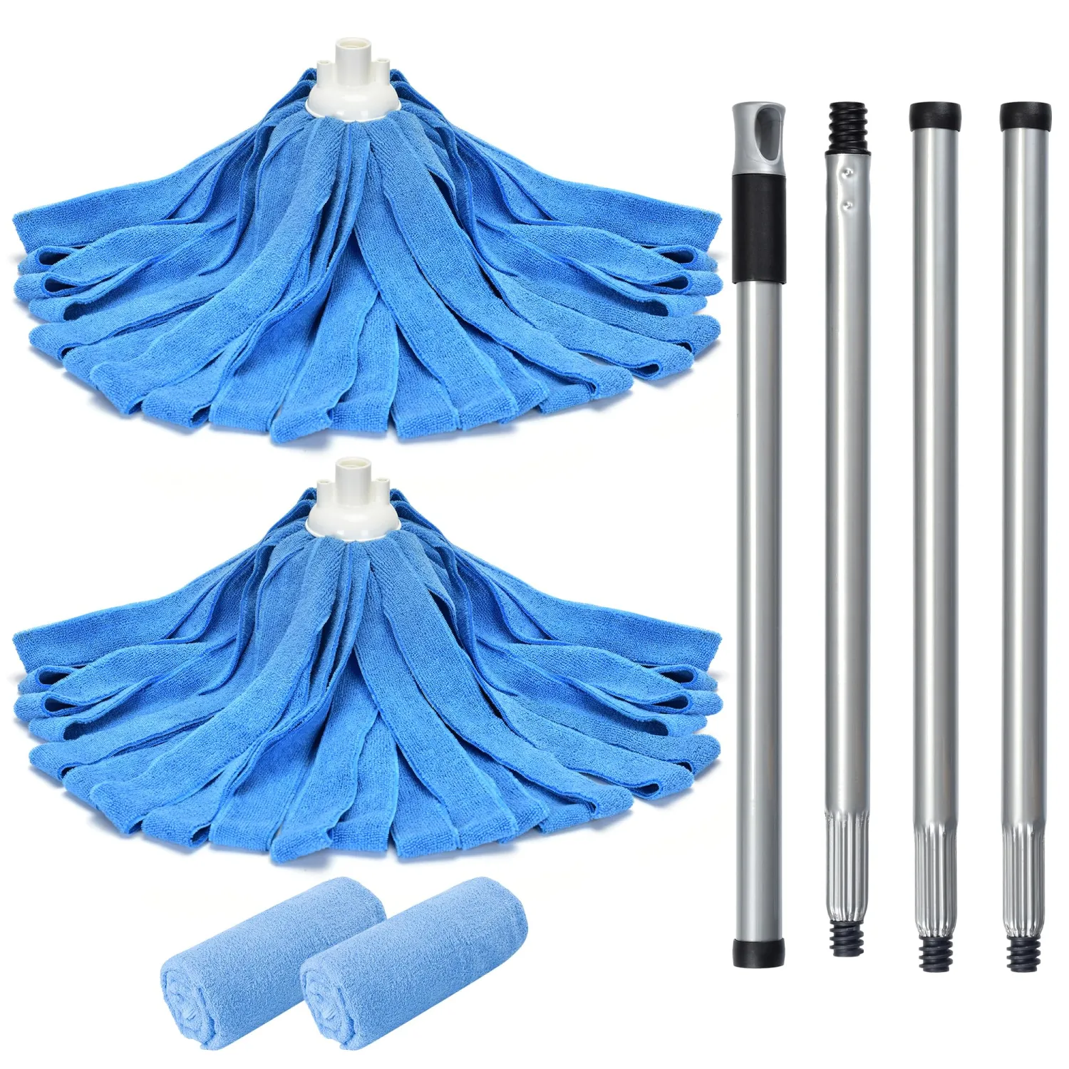 Matthew Microfiber Mop Compatible with Ceda Refill - Commercial Mop Replacement 54" Stainless Steel Handle with 2 Wet Mop Heads w/1 Handle Incl. 2 Pcs Blue Microfiber Cloth