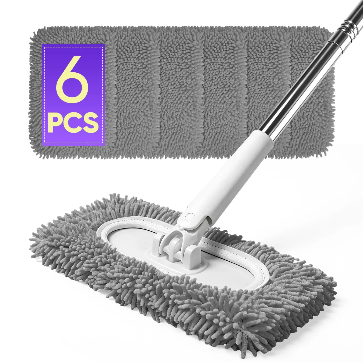 6 Pack Reusable Microfiber Mop Pads Compatible with Sweeper Mops, Replacement Mopping Pads Dry Sweeping Cloths, Washable Chenille Flat Mops Refills for Mopping Floor Cleaning (Mop is not Included)