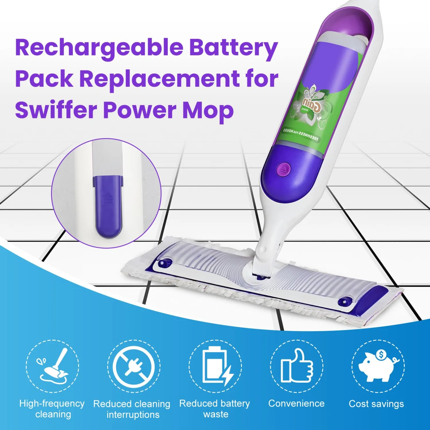 1 Pack Rechargeable Battery Pack Replacement for Swiffer® Power Mop™, 2000mAh Lithium Ion Battery Holder with Charging Port （500 Cycles, 3 Years）